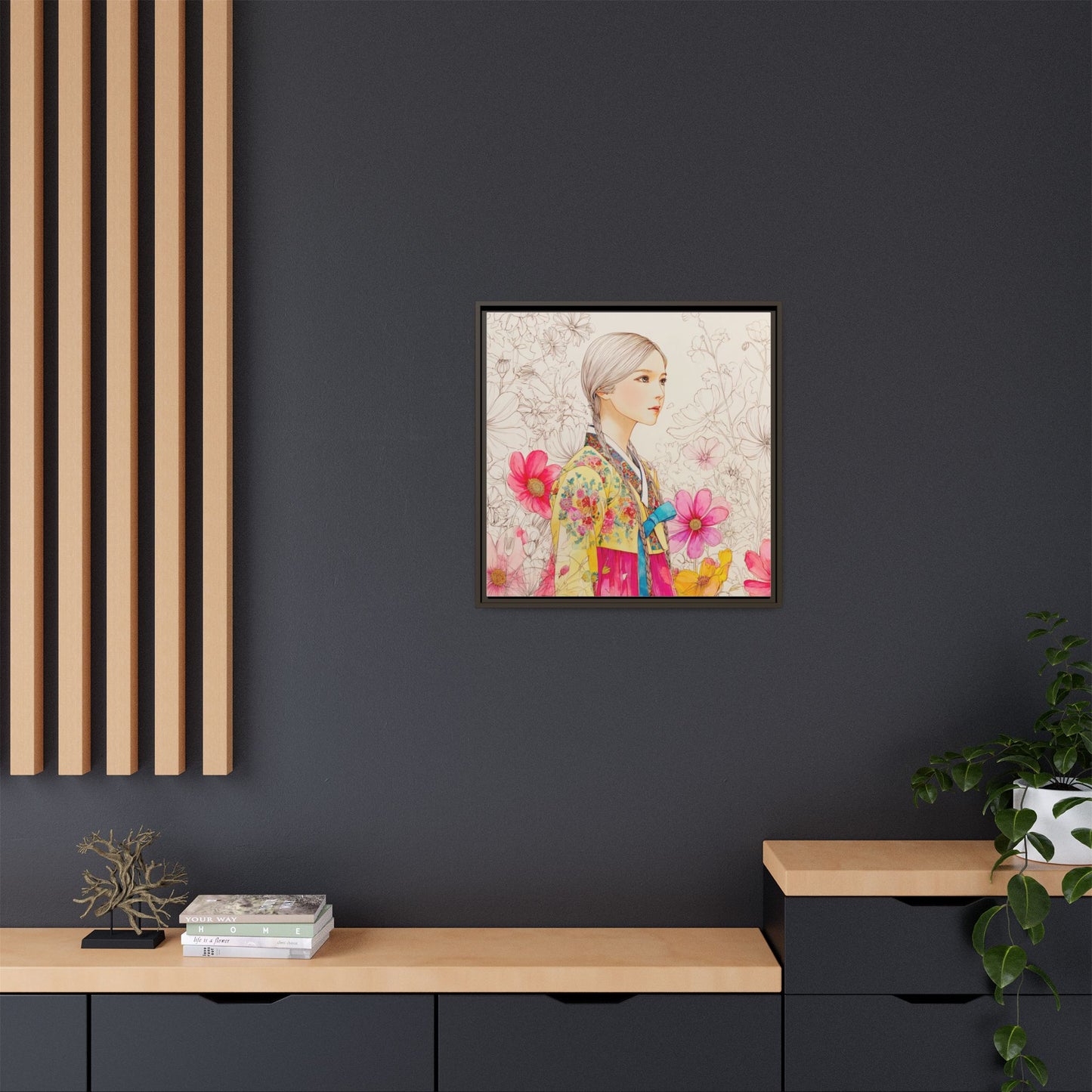 Framed Matte Canvas: Korean Hanbok Girl Floral Portrait