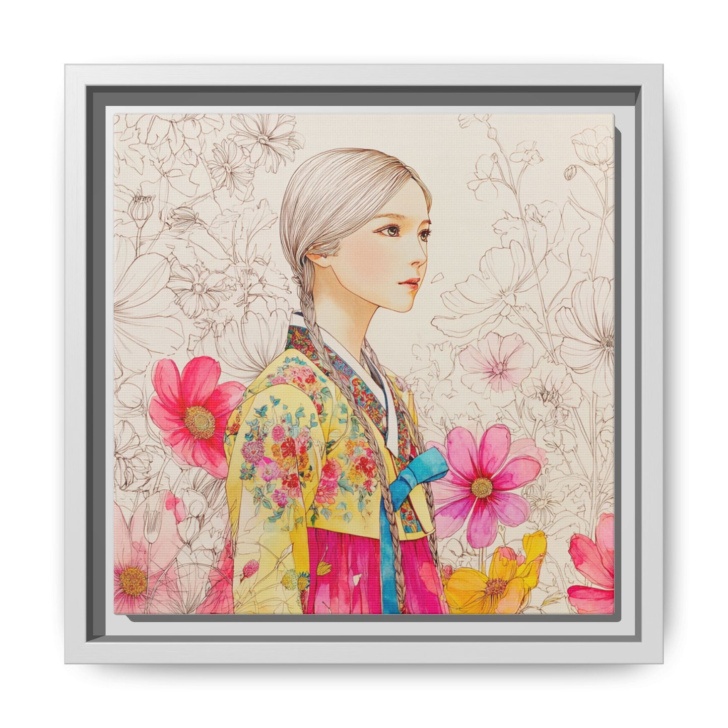 Framed Matte Canvas: Korean Hanbok Girl Floral Portrait