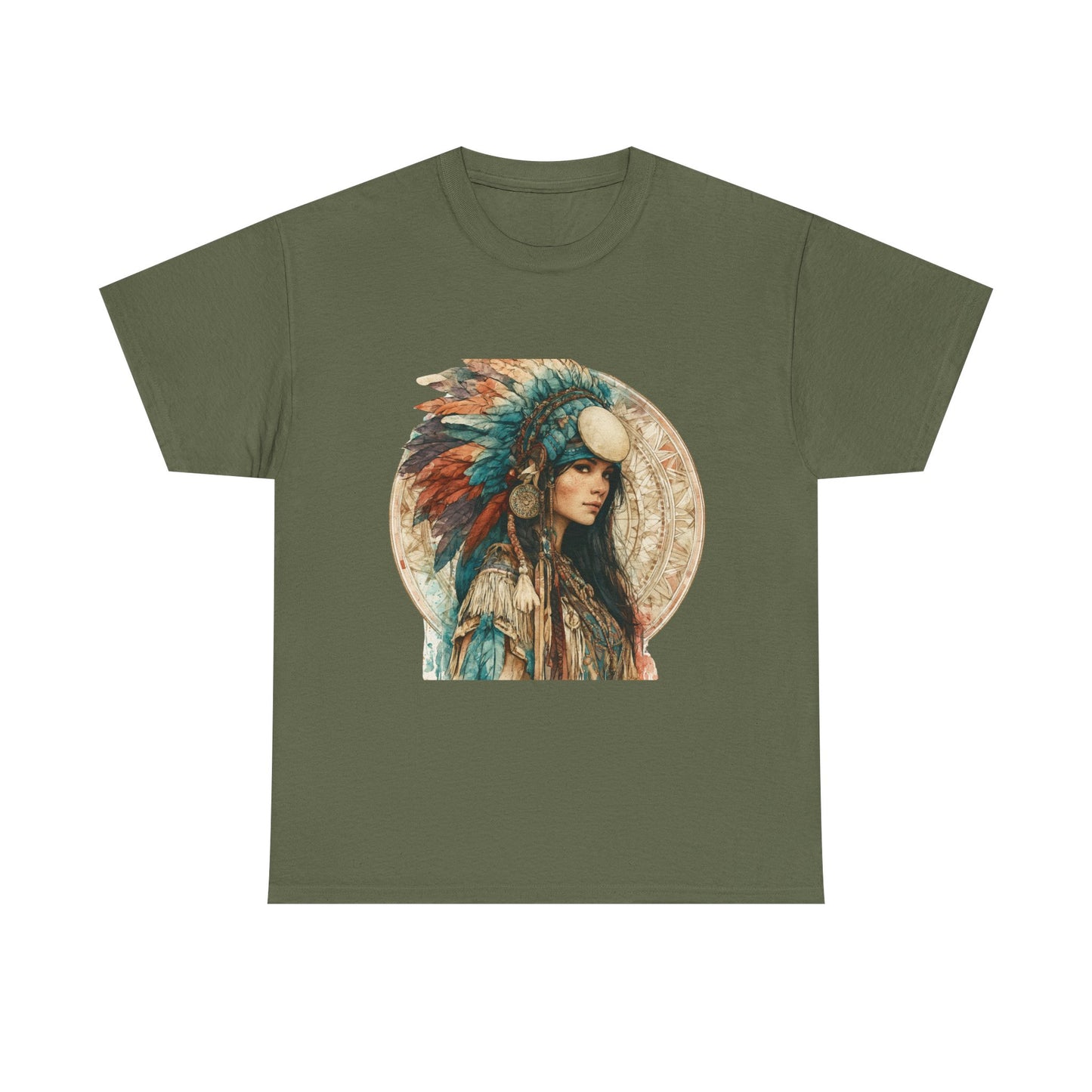 Native Headdress Portrait T‑Shirt — Boho Feather Art Tee