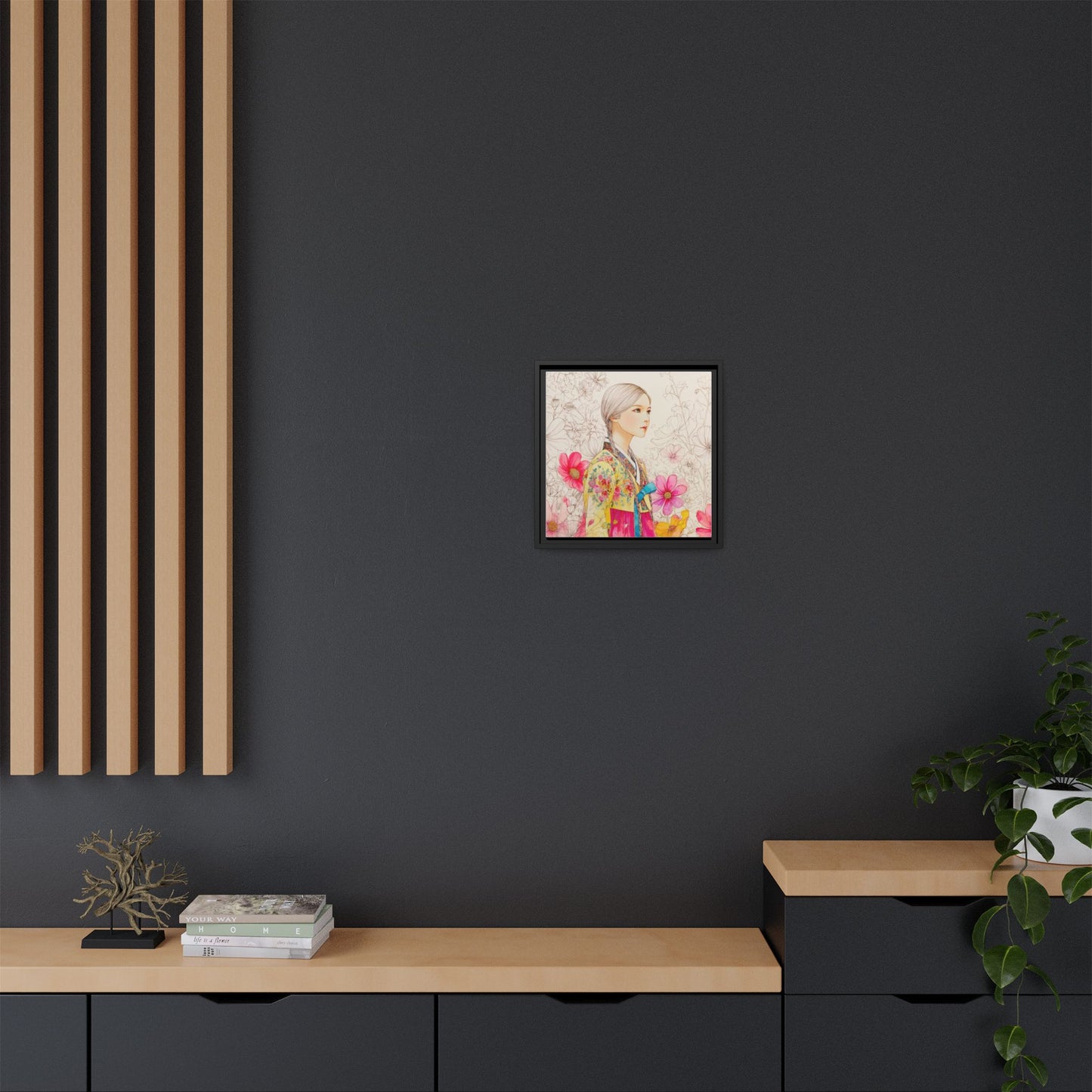 Framed Matte Canvas: Korean Hanbok Girl Floral Portrait
