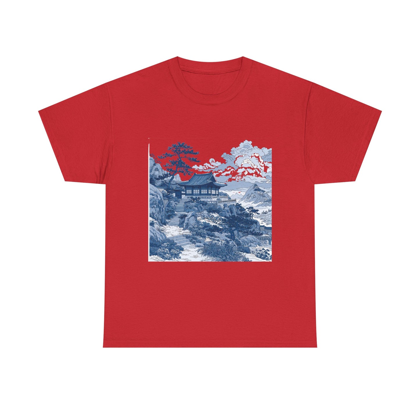 Blue Asian Landscape Tee — Vintage Temple Mountain Scenery T-Shirt