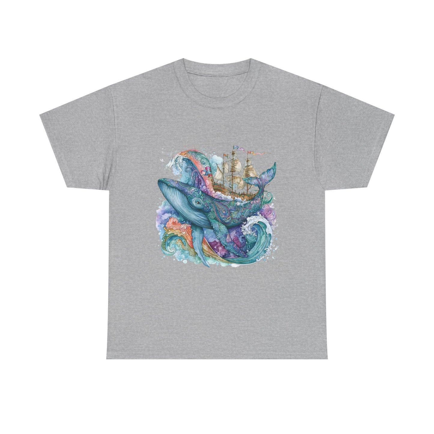 Whale & Ship Watercolor T‑Shirt — Nautical Ocean Art Tee