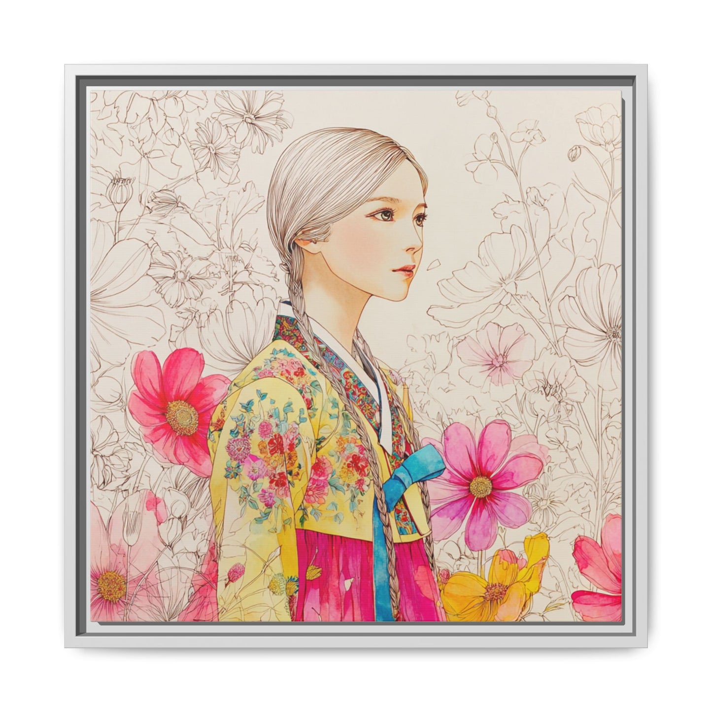 Framed Matte Canvas: Korean Hanbok Girl Floral Portrait