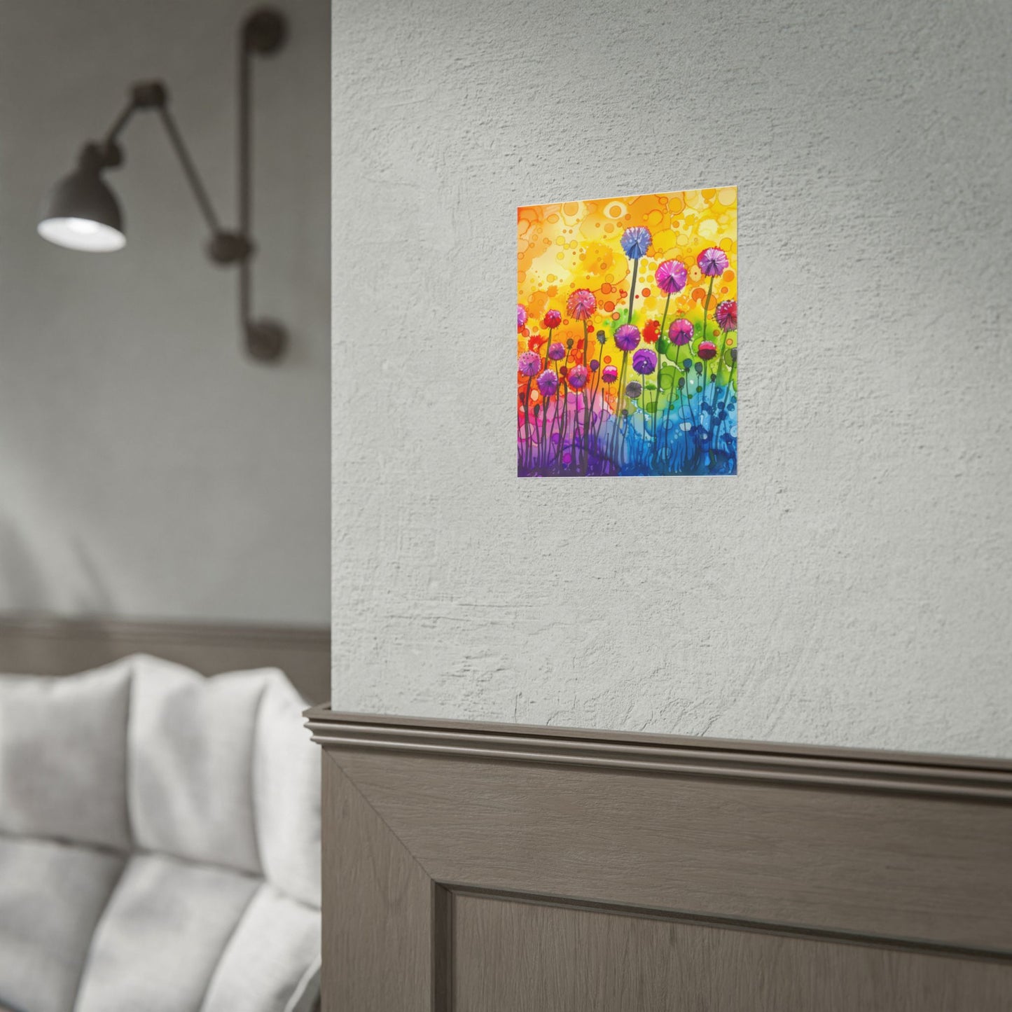 Colorful Floral Watercolor Poster — Rainbow Dandelion Garden Rolled Print