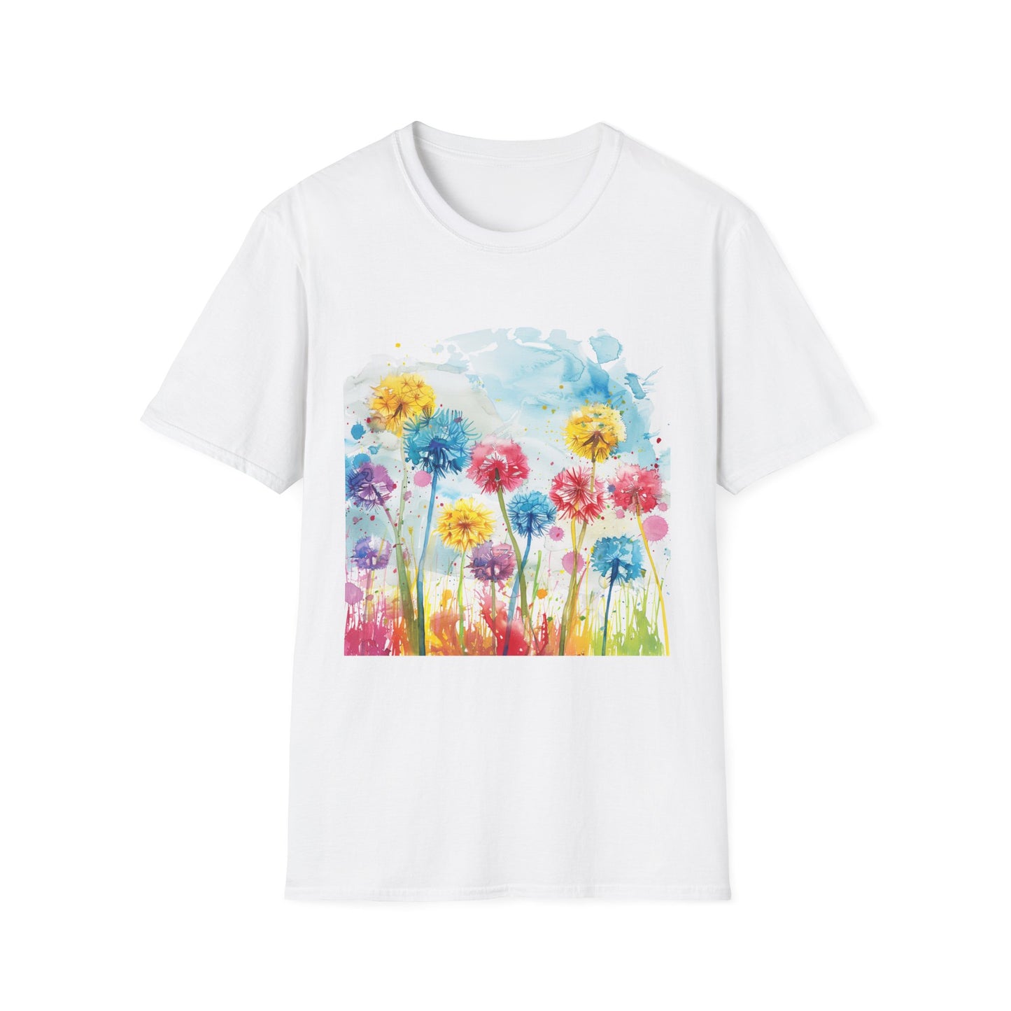 Watercolor Dandelion Field T-Shirt — Bright Floral Spring Tee