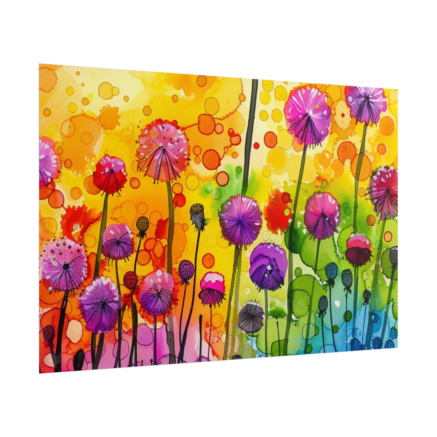 Colorful Floral Watercolor Poster — Rainbow Dandelion Garden Rolled Print