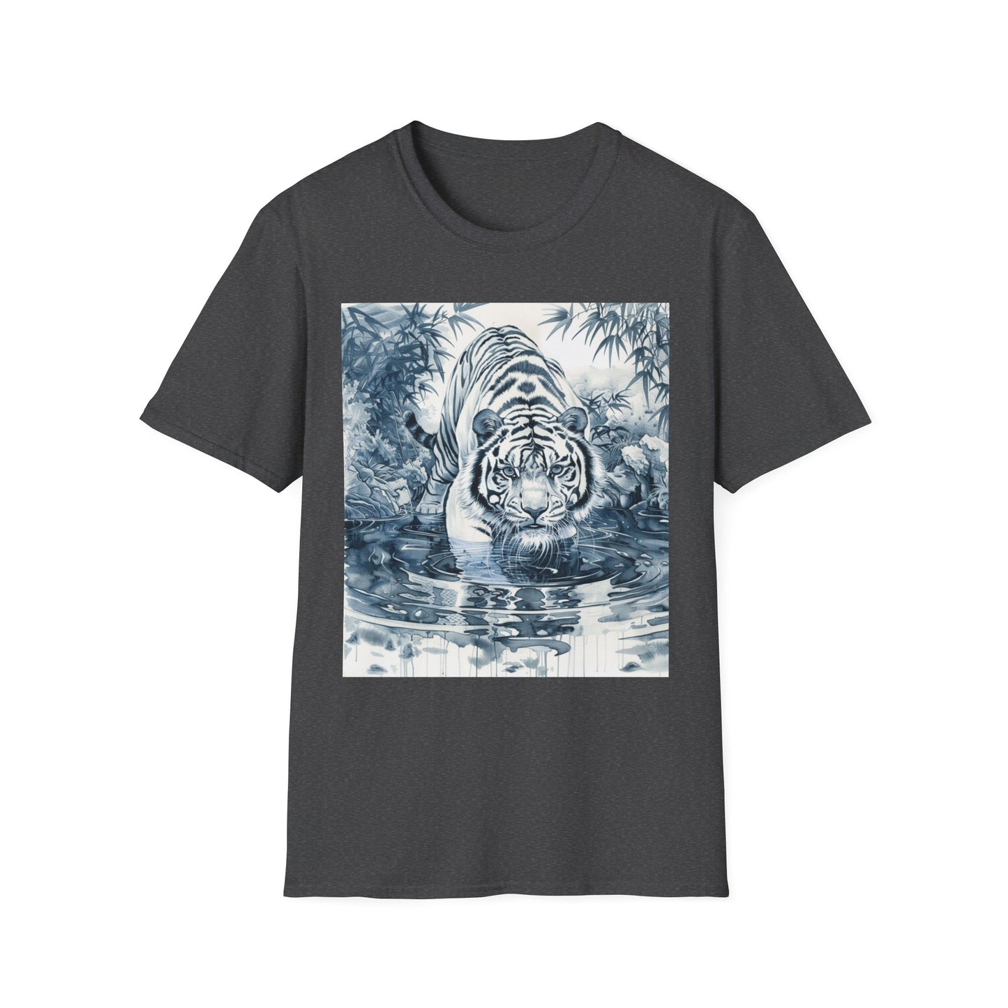 White T‑Shirt with Blue Watercolor Tiger Print — Gentle Jungle Graphic Tee