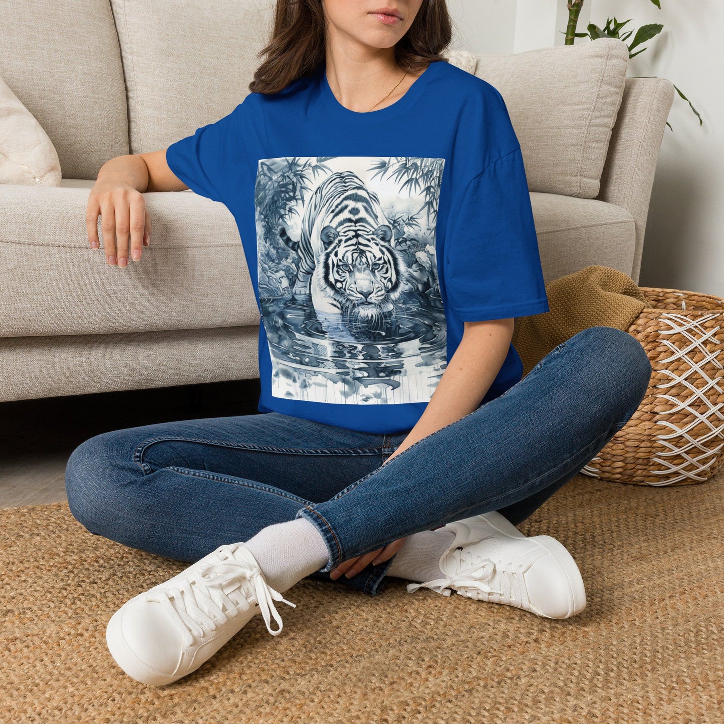 White T‑Shirt with Blue Watercolor Tiger Print — Gentle Jungle Graphic Tee