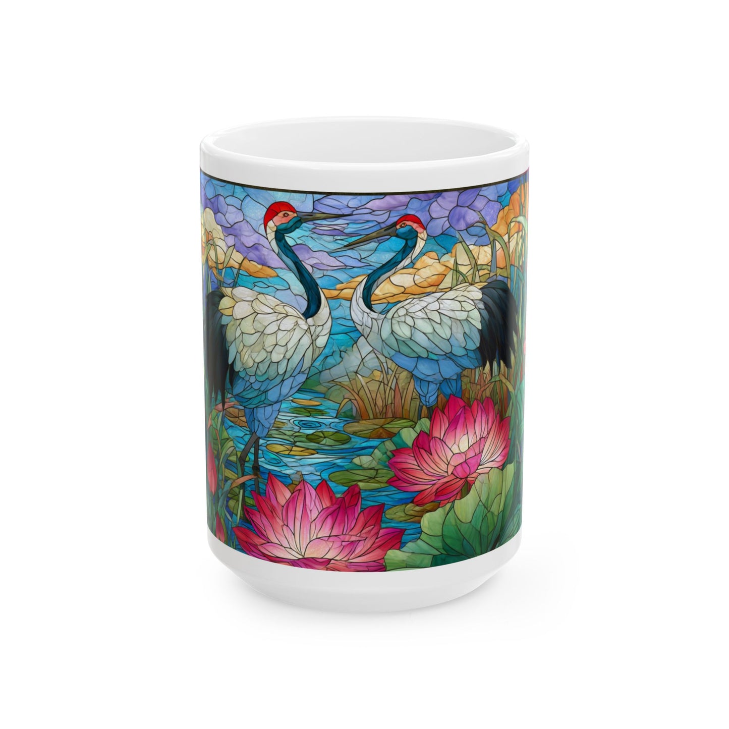 Stained Glass Cranes Ceramic Mug — Floral Lotus Tea Cup (11oz & 15oz)