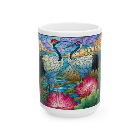 Stained Glass Cranes Ceramic Mug — Floral Lotus Tea Cup (11oz & 15oz)