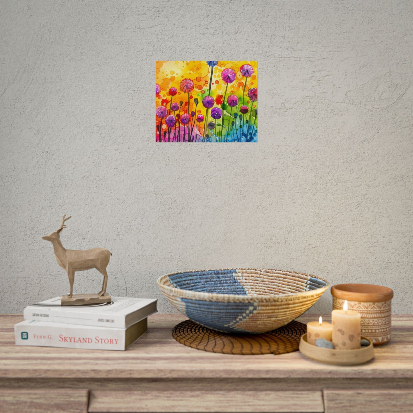 Colorful Floral Watercolor Poster — Rainbow Dandelion Garden Rolled Print