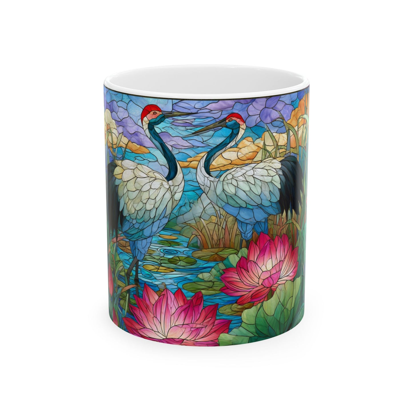 Stained Glass Cranes Ceramic Mug — Floral Lotus Tea Cup (11oz & 15oz)