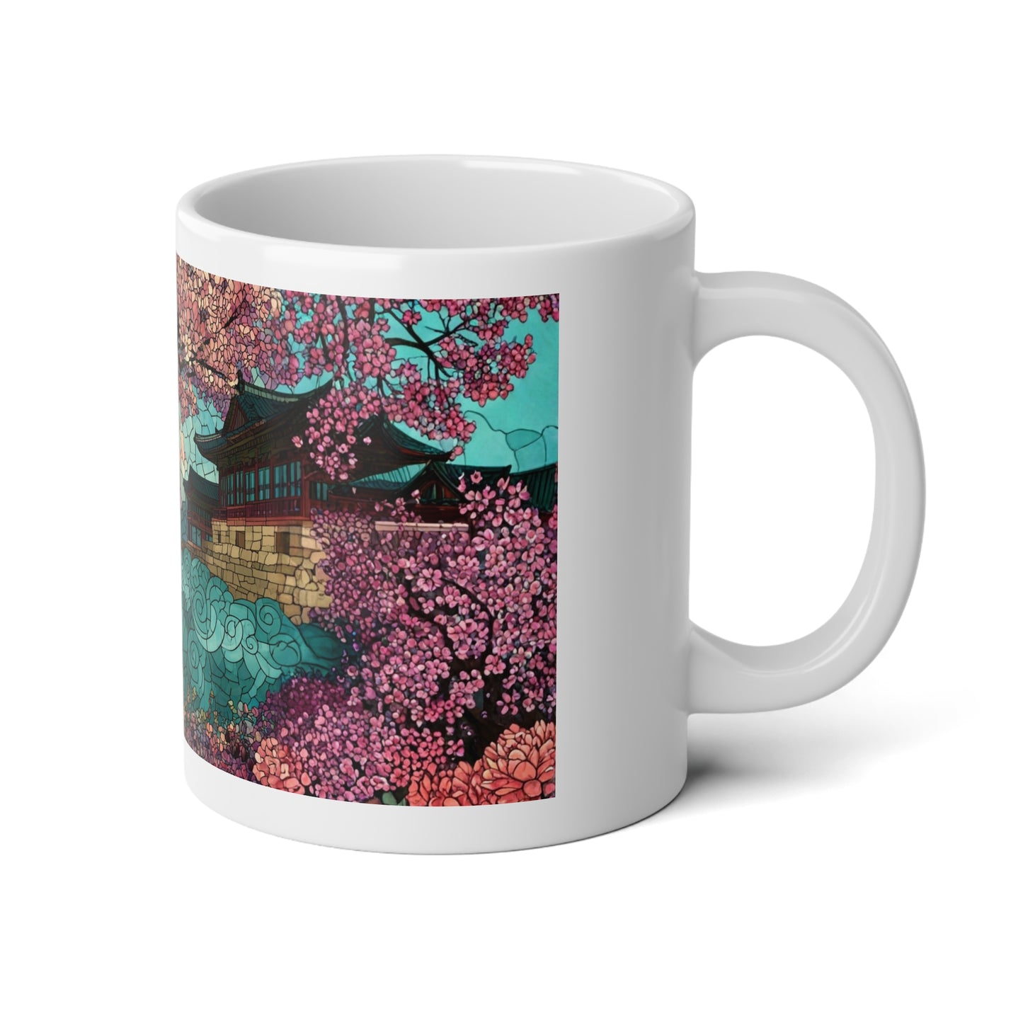 Cherry Blossom Scene 20oz Jumbo Mug — Sakura Temple Scenic Coffee Cup