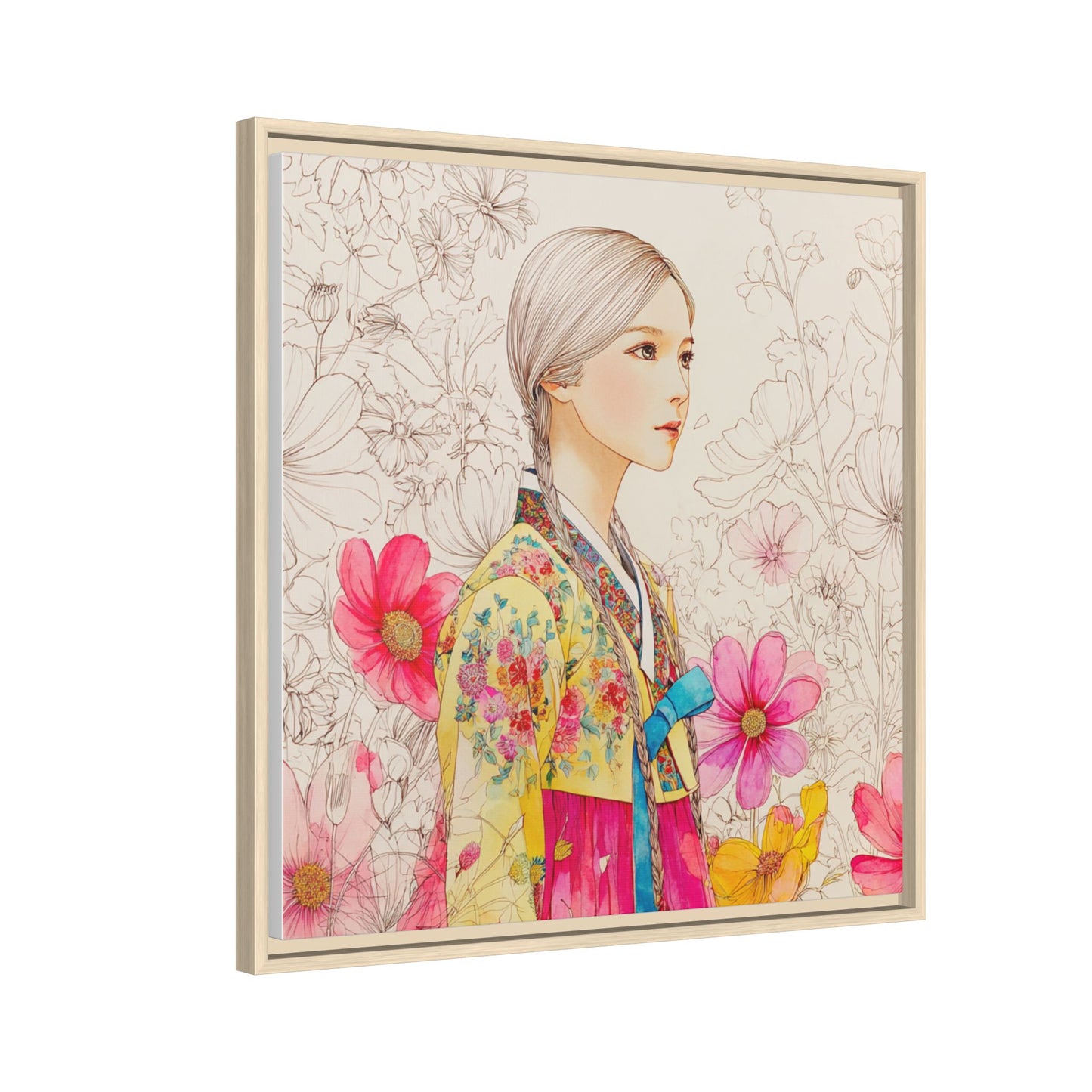 Framed Matte Canvas: Korean Hanbok Girl Floral Portrait