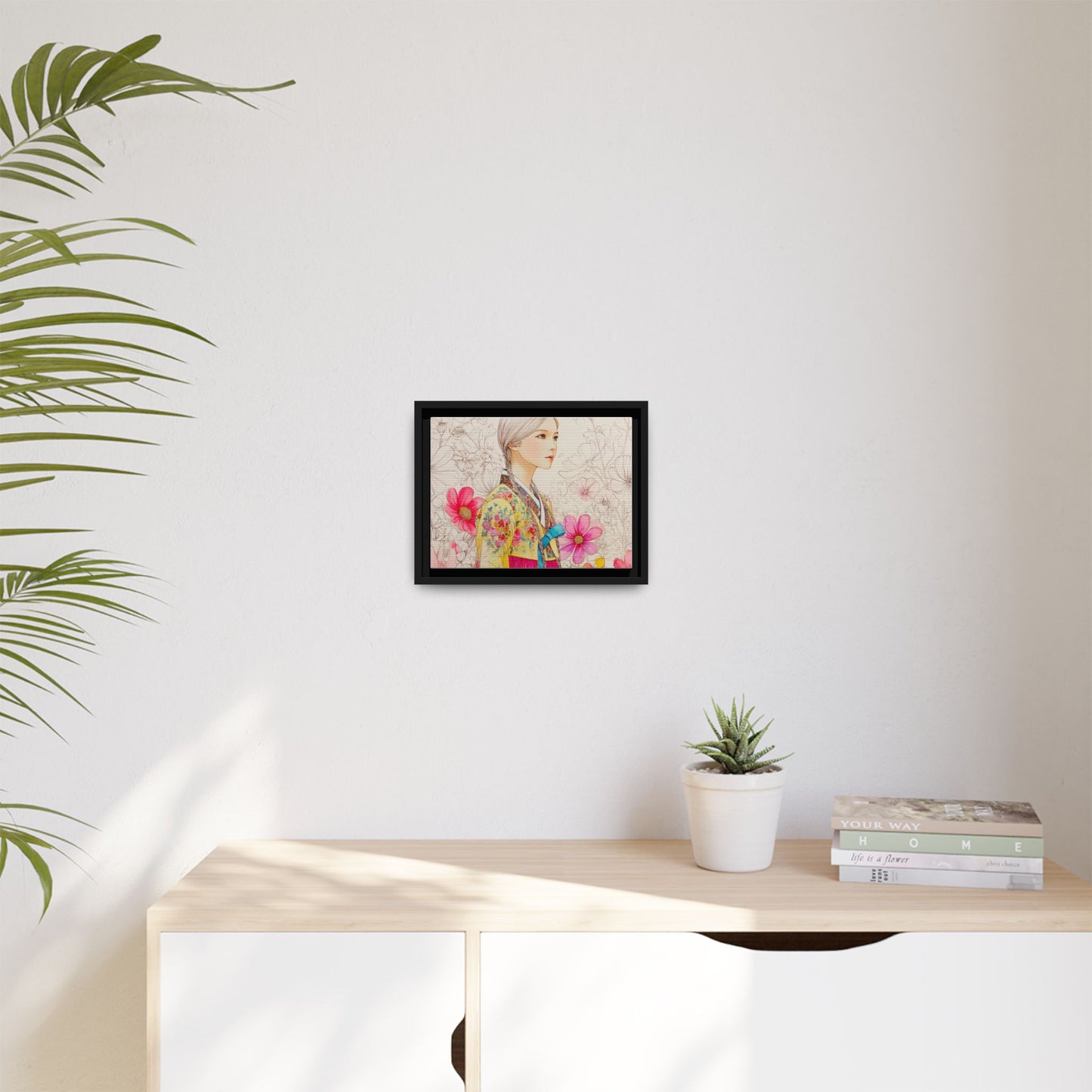 Framed Matte Canvas: Korean Hanbok Girl Floral Portrait