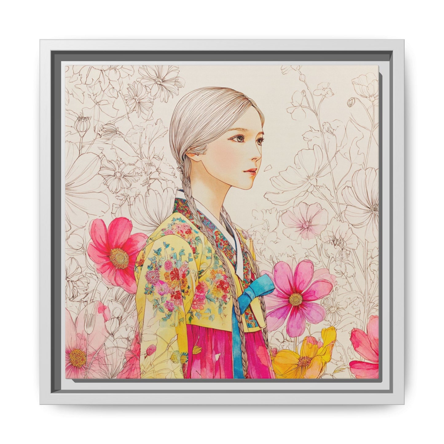Framed Matte Canvas: Korean Hanbok Girl Floral Portrait