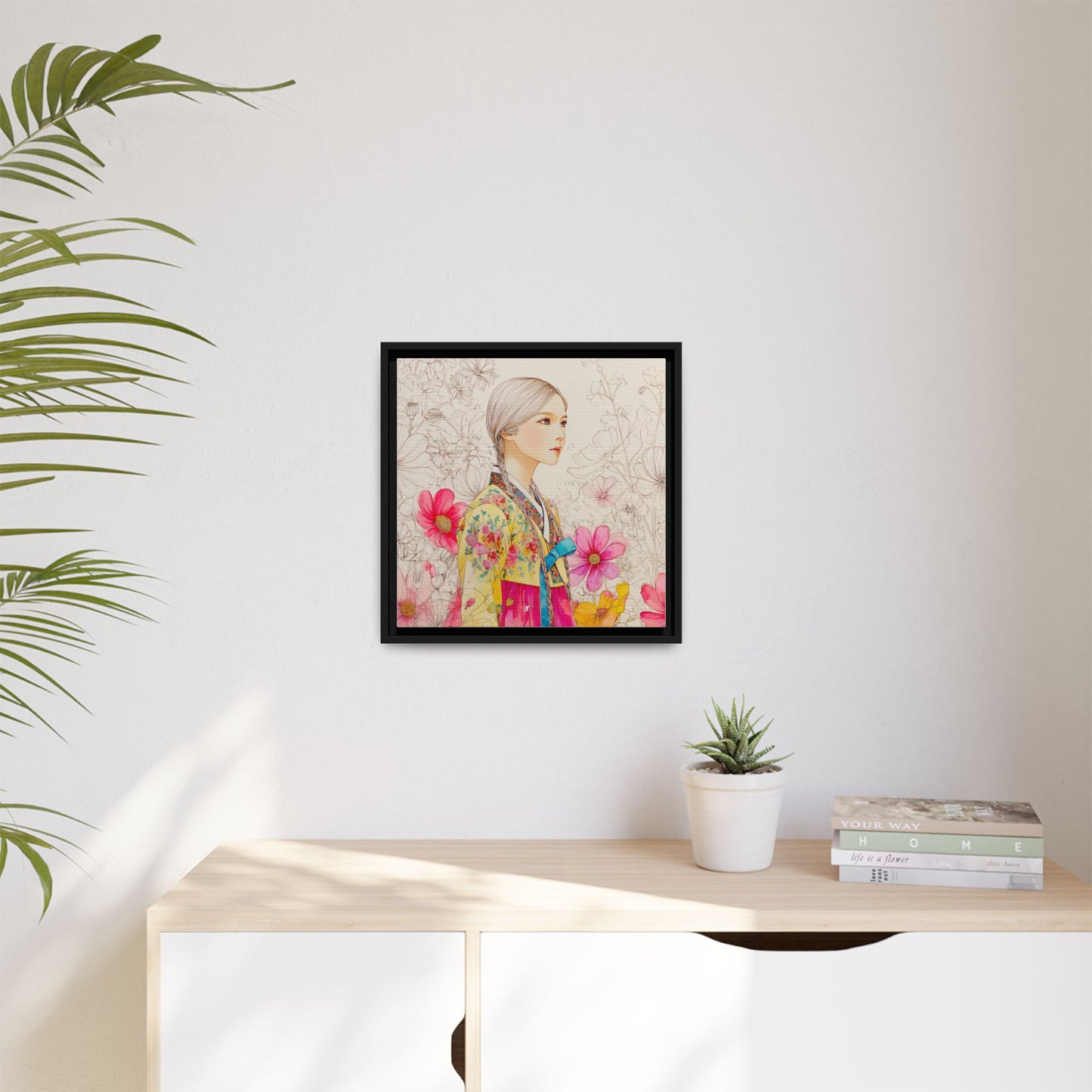 Framed Matte Canvas: Korean Hanbok Girl Floral Portrait