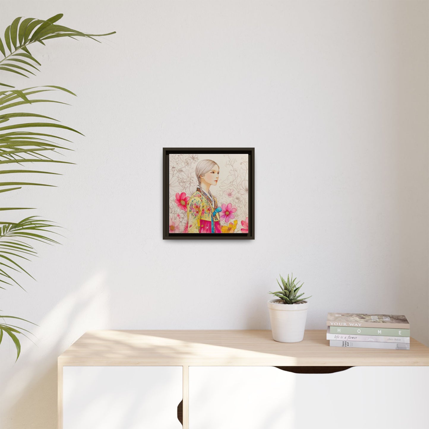 Framed Matte Canvas: Korean Hanbok Girl Floral Portrait