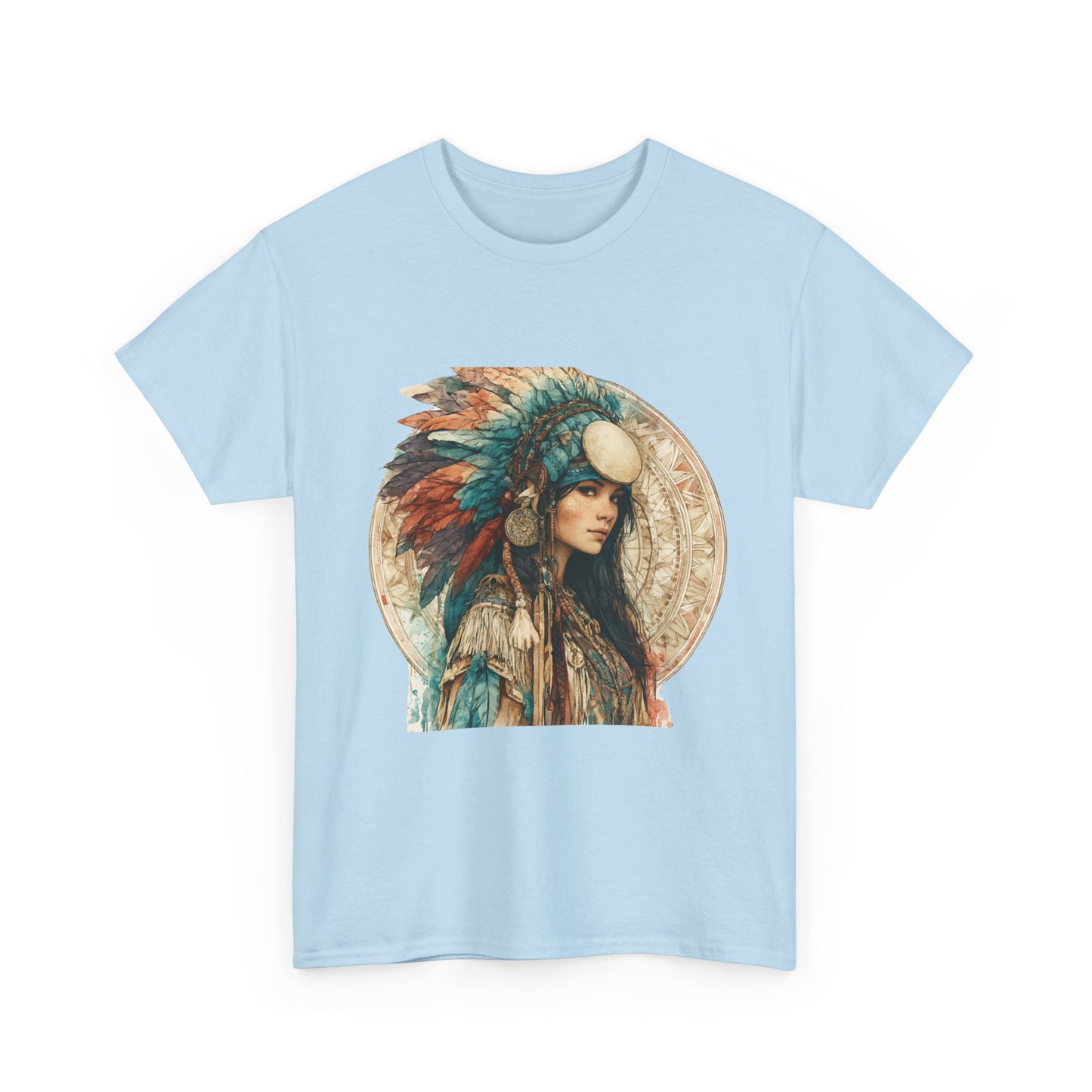 Native Headdress Portrait T‑Shirt — Boho Feather Art Tee