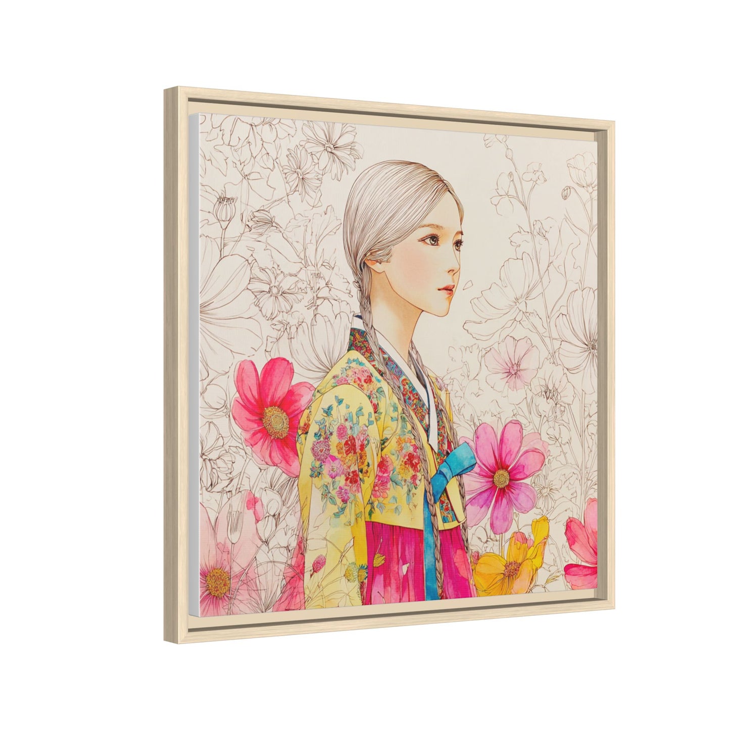 Framed Matte Canvas: Korean Hanbok Girl Floral Portrait
