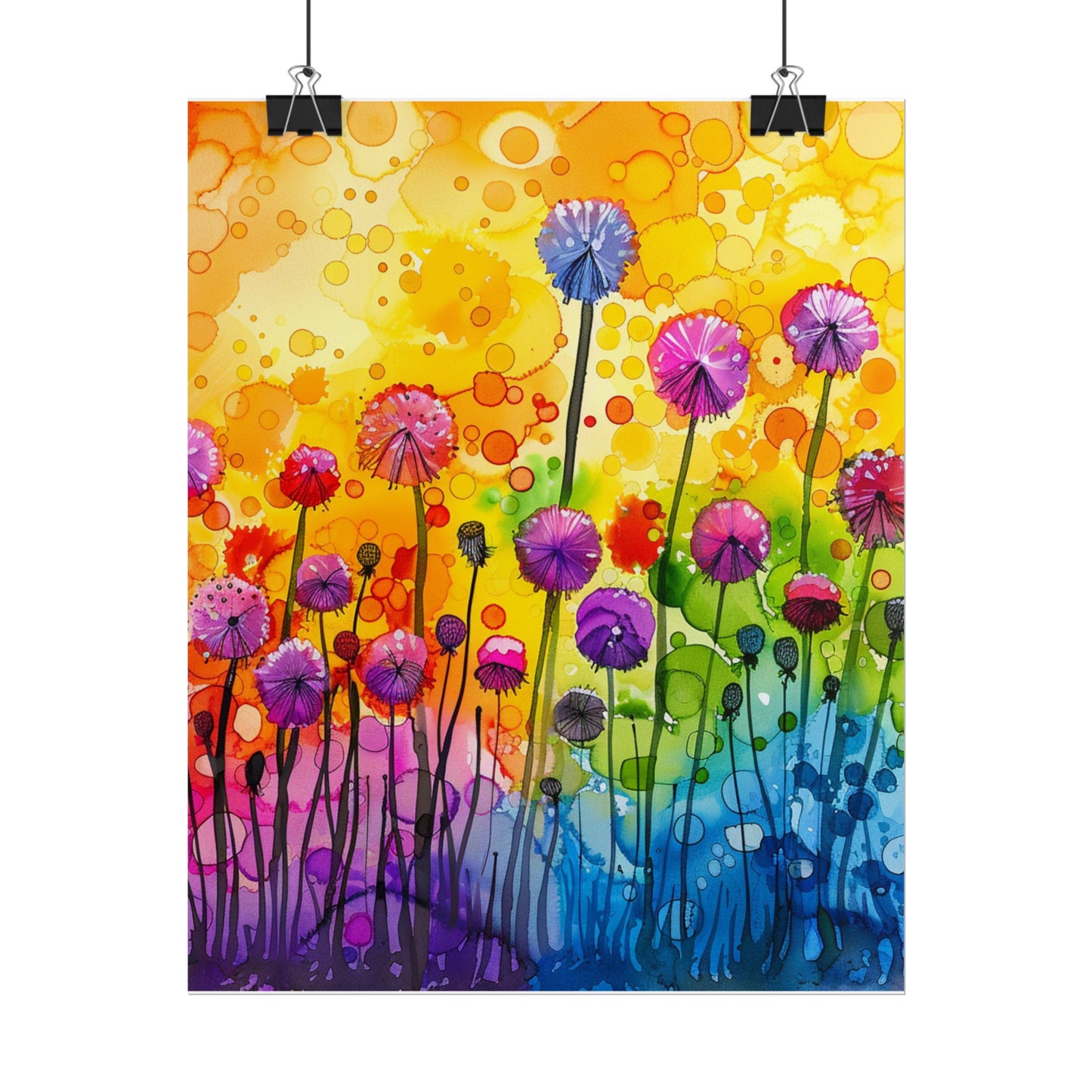 Colorful Floral Watercolor Poster — Rainbow Dandelion Garden Rolled Print
