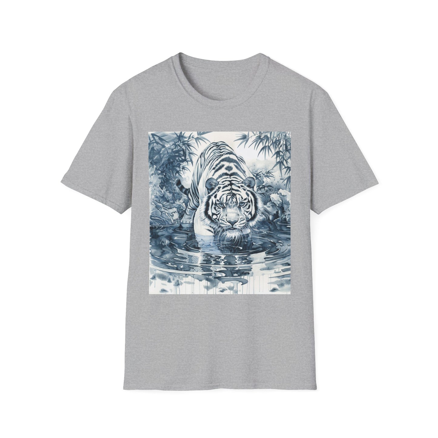 White T‑Shirt with Blue Watercolor Tiger Print — Gentle Jungle Graphic Tee