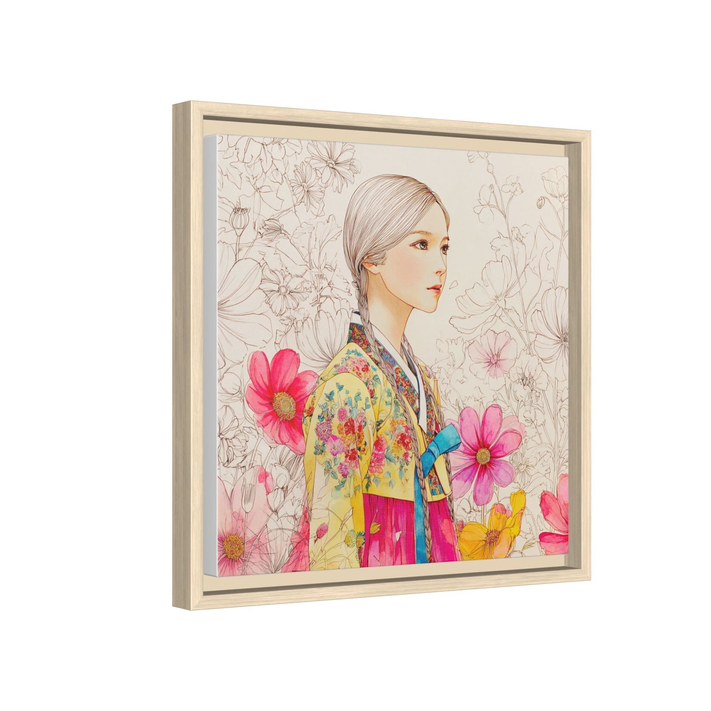 Framed Matte Canvas: Korean Hanbok Girl Floral Portrait