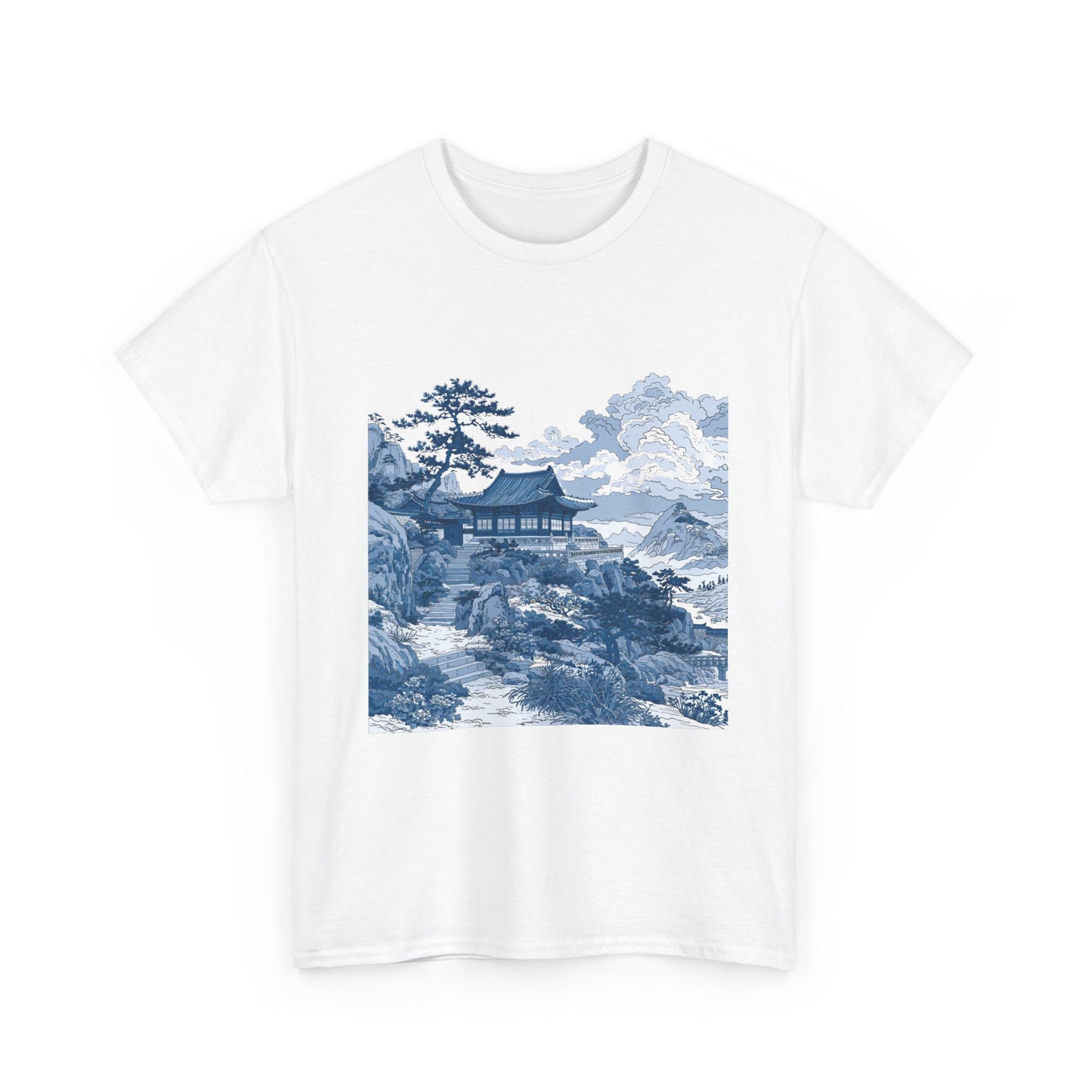 Blue Asian Landscape Tee — Vintage Temple Mountain Scenery T-Shirt