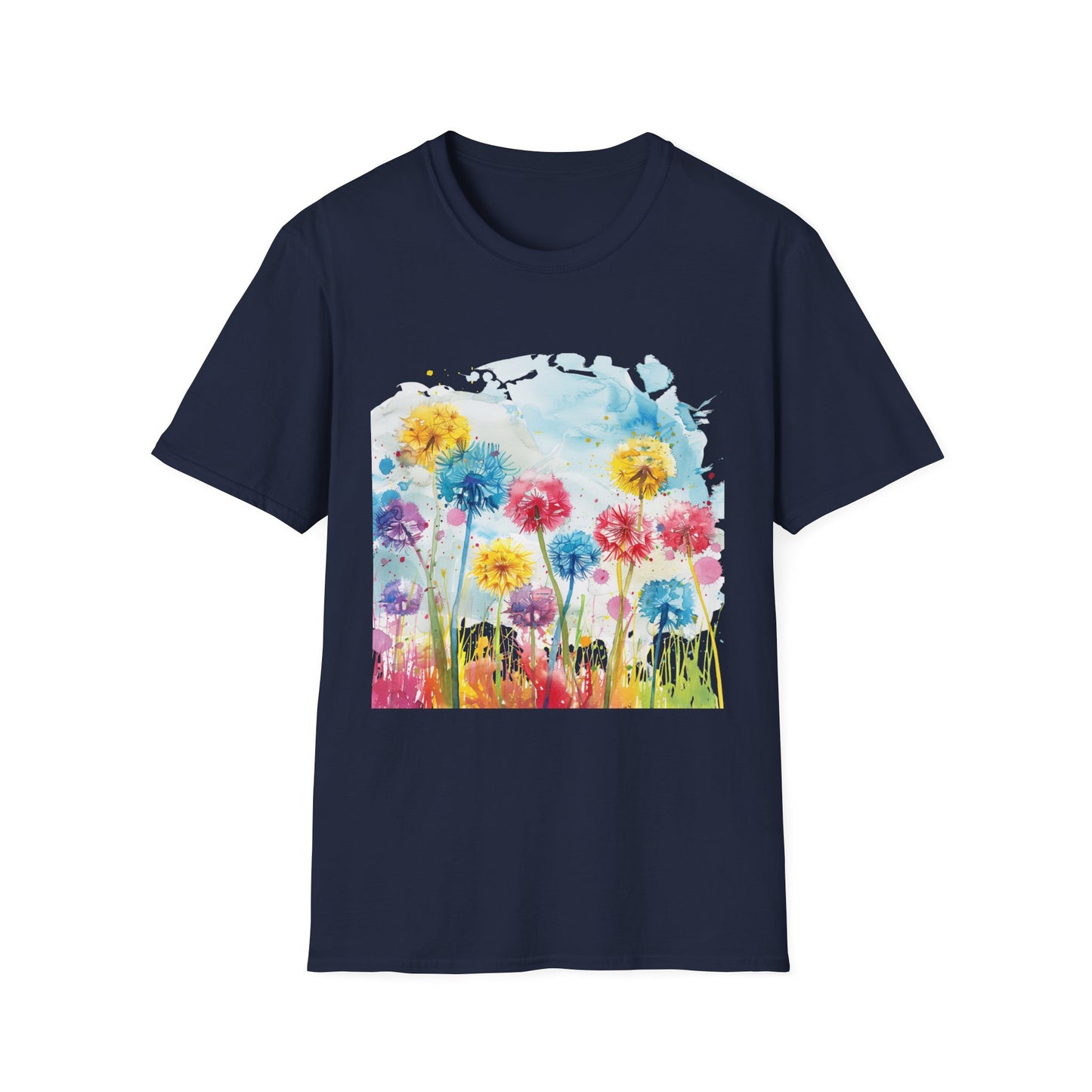 Watercolor Dandelion Field T-Shirt — Bright Floral Spring Tee