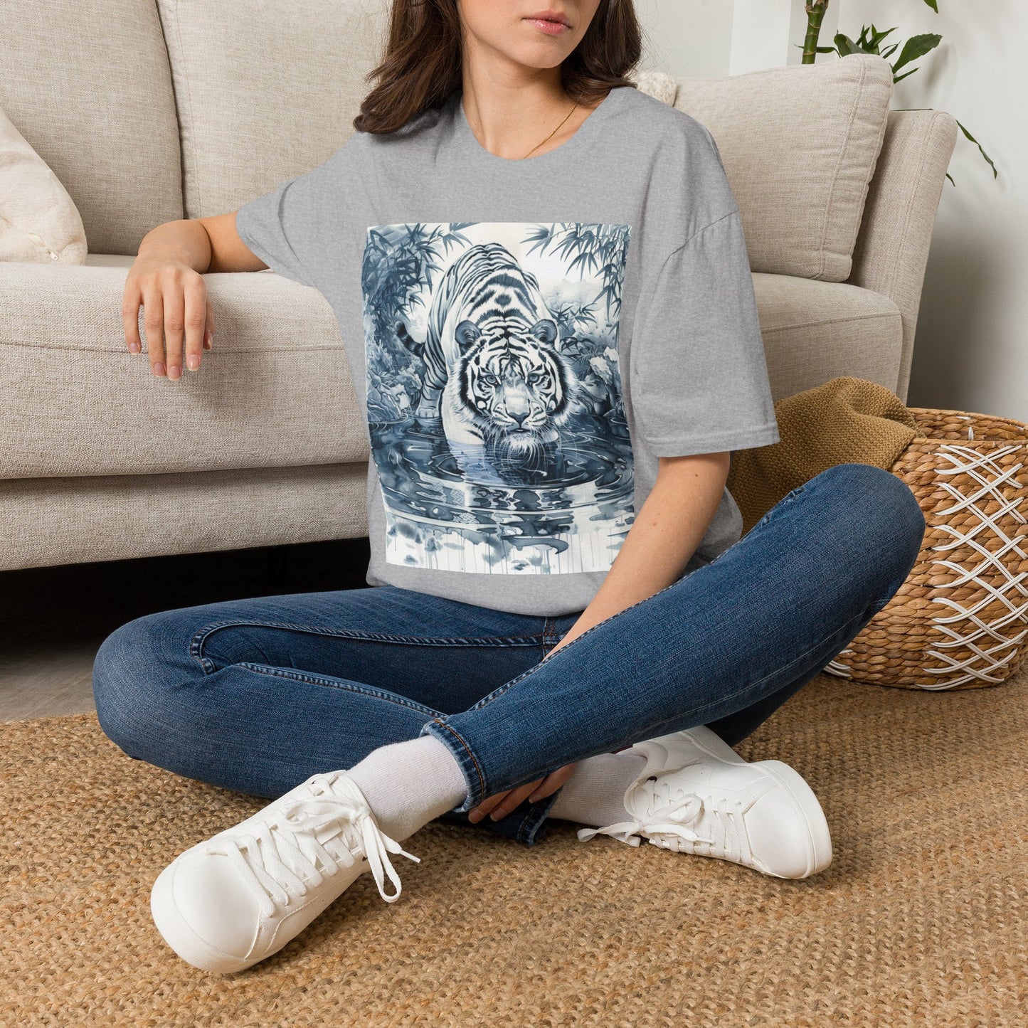 White T‑Shirt with Blue Watercolor Tiger Print — Gentle Jungle Graphic Tee