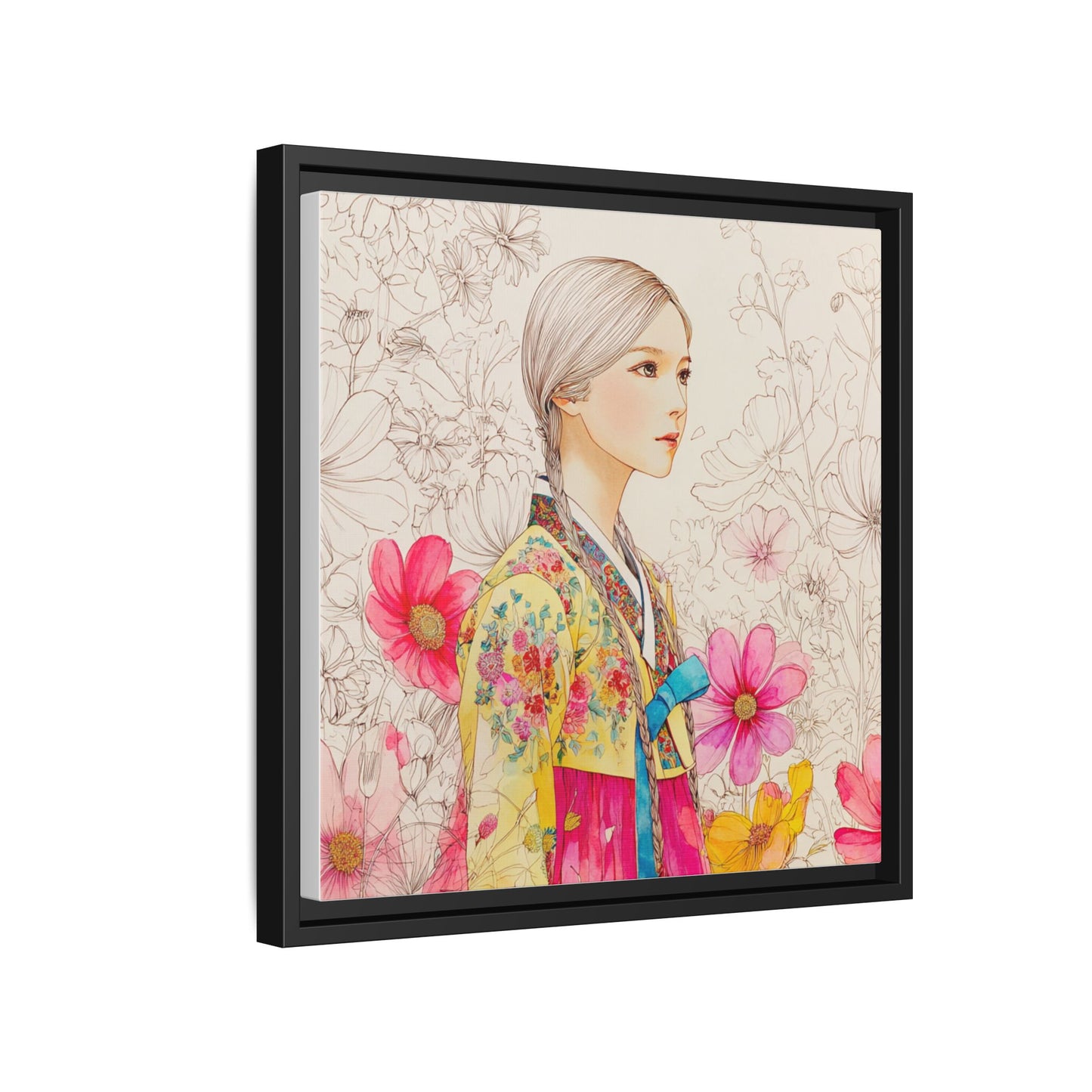 Framed Matte Canvas: Korean Hanbok Girl Floral Portrait