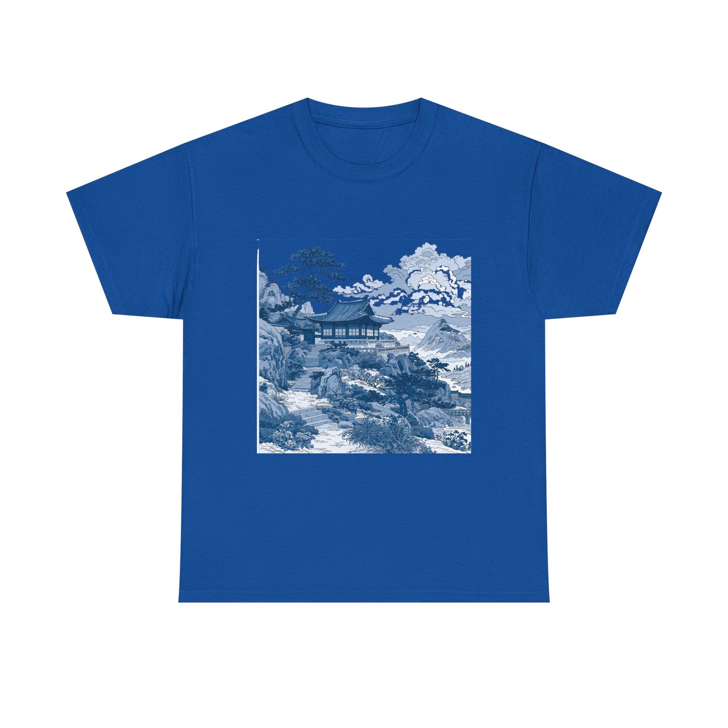 Blue Asian Landscape Tee — Vintage Temple Mountain Scenery T-Shirt