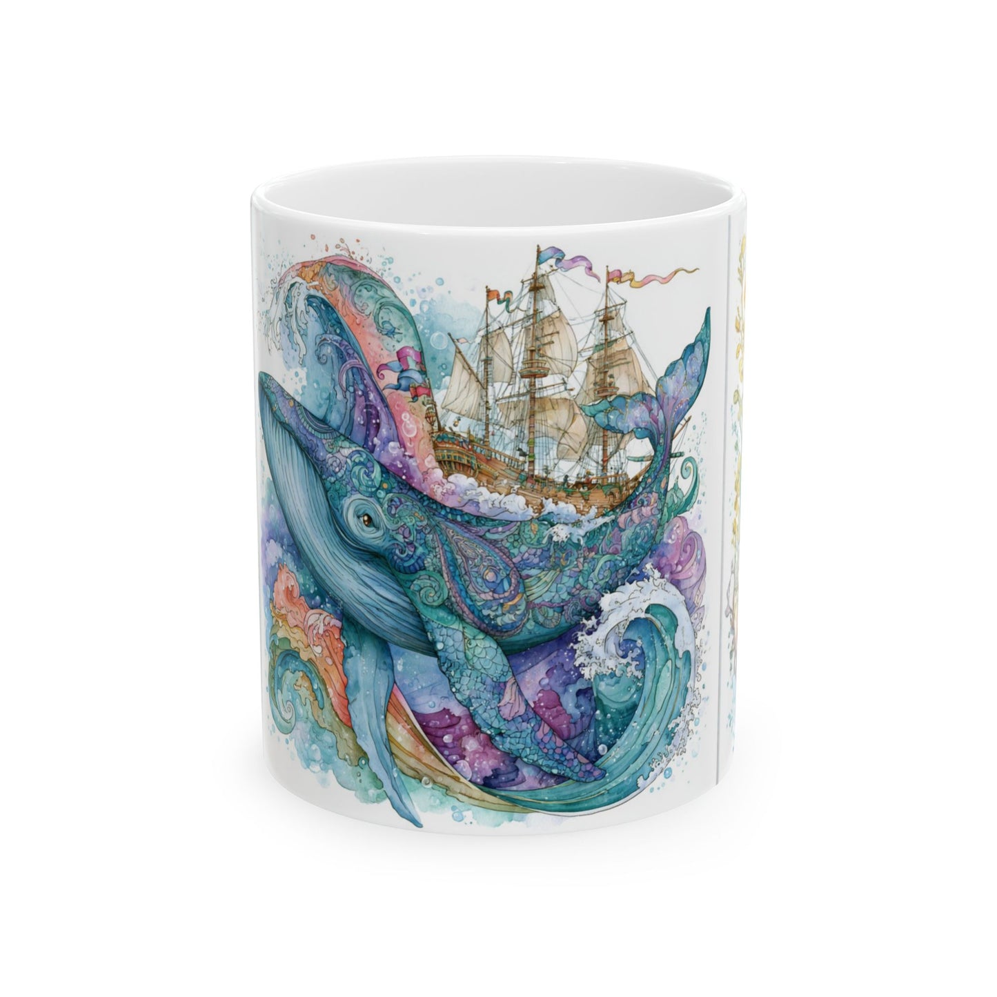 Whale & Ship Watercolor Ceramic Mug — Nautical Ocean Art Coffee Cup (11oz/15oz)