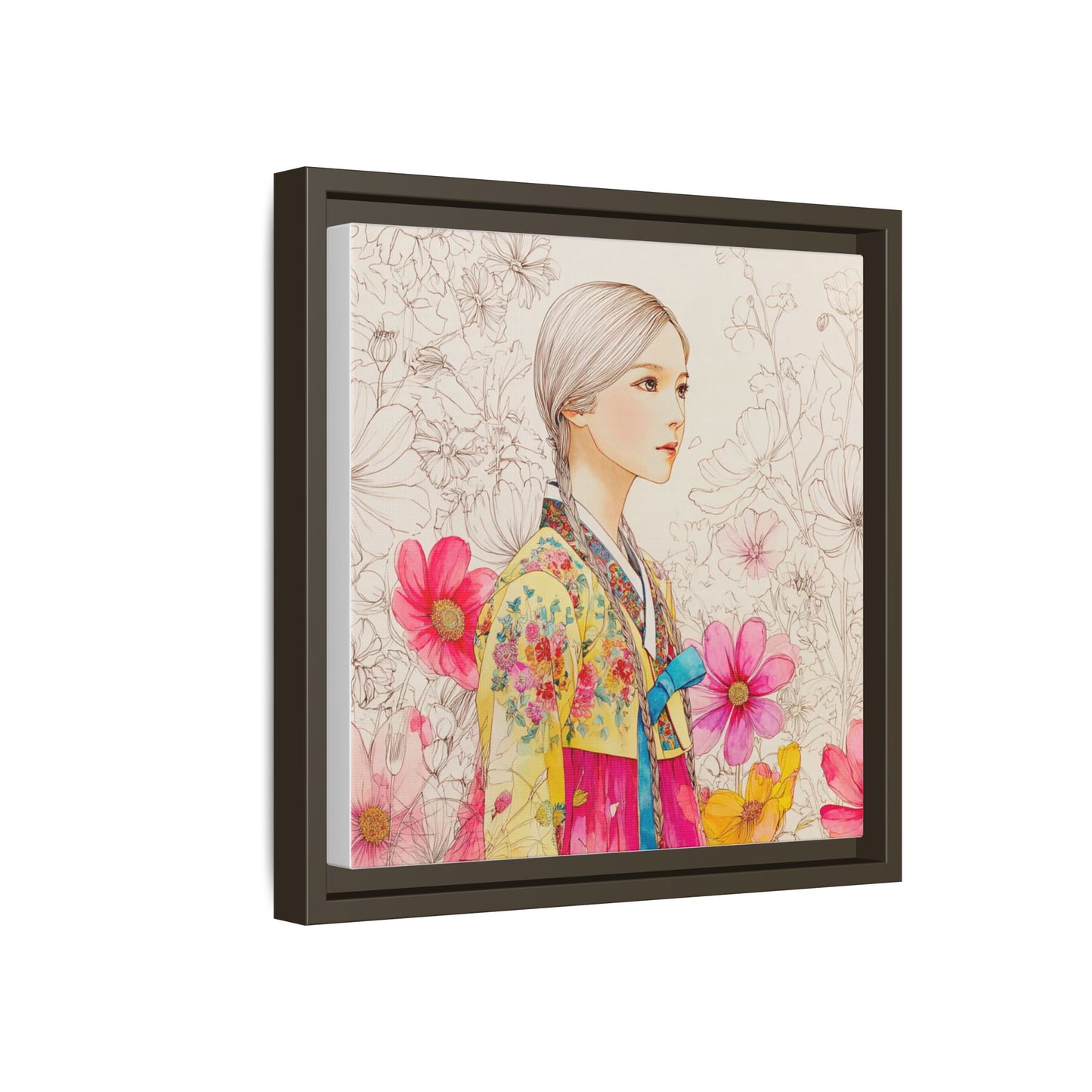Framed Matte Canvas: Korean Hanbok Girl Floral Portrait