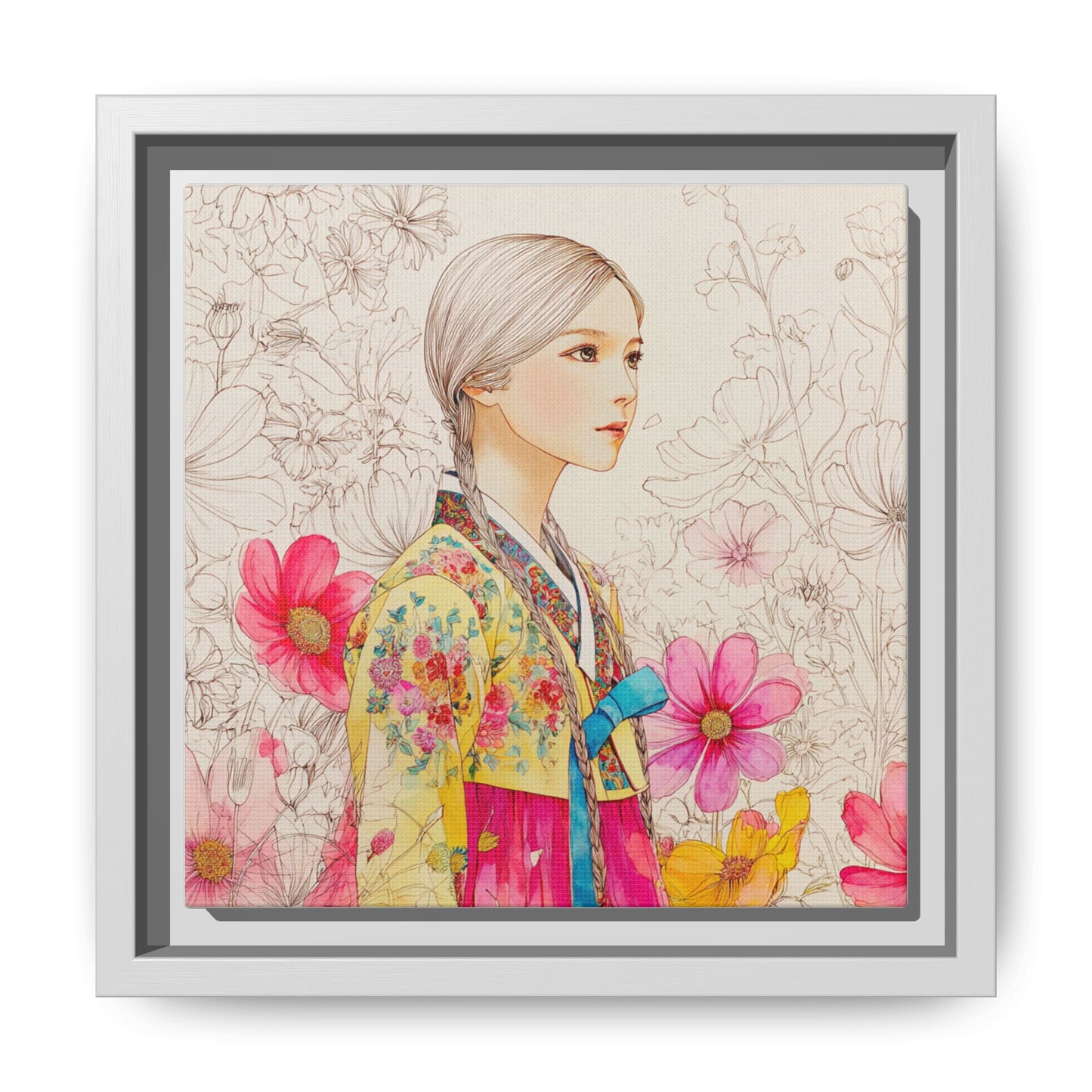 Framed Matte Canvas: Korean Hanbok Girl Floral Portrait