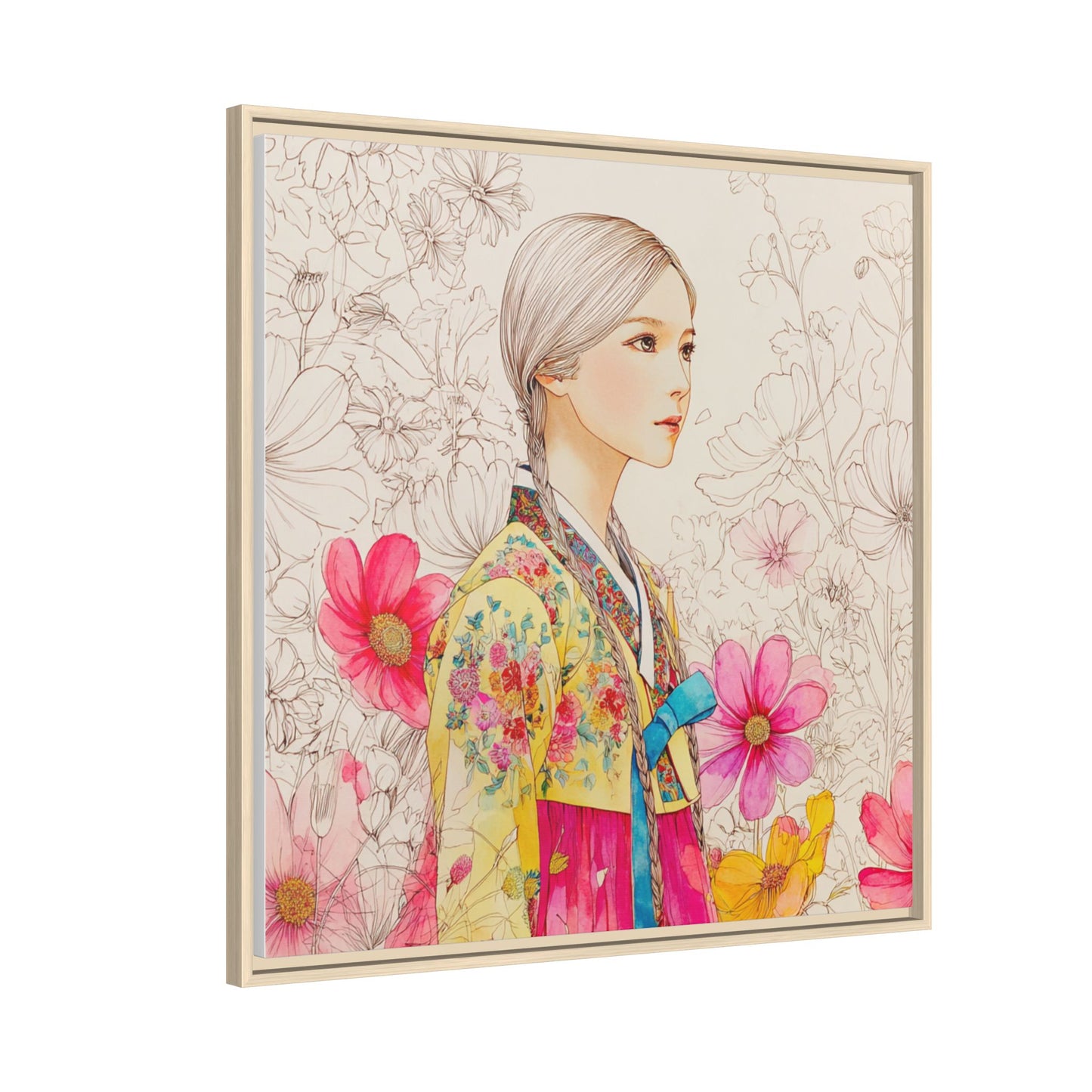 Framed Matte Canvas: Korean Hanbok Girl Floral Portrait
