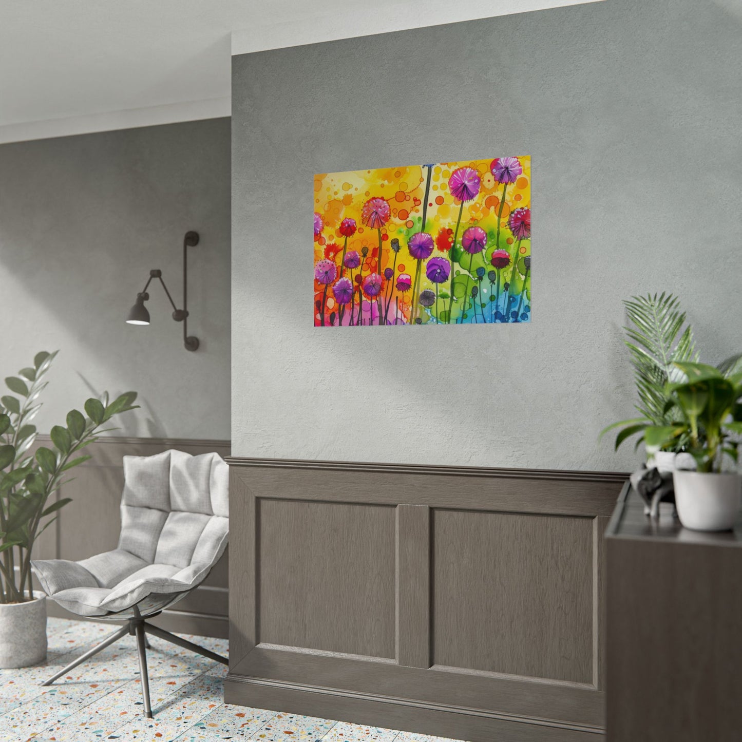 Colorful Floral Watercolor Poster — Rainbow Dandelion Garden Rolled Print