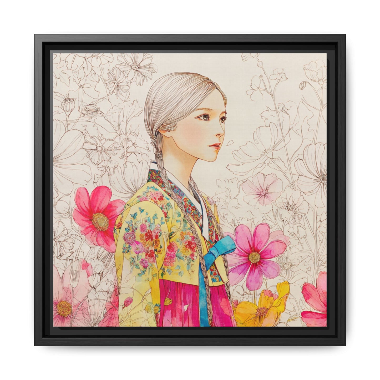 Framed Matte Canvas: Korean Hanbok Girl Floral Portrait