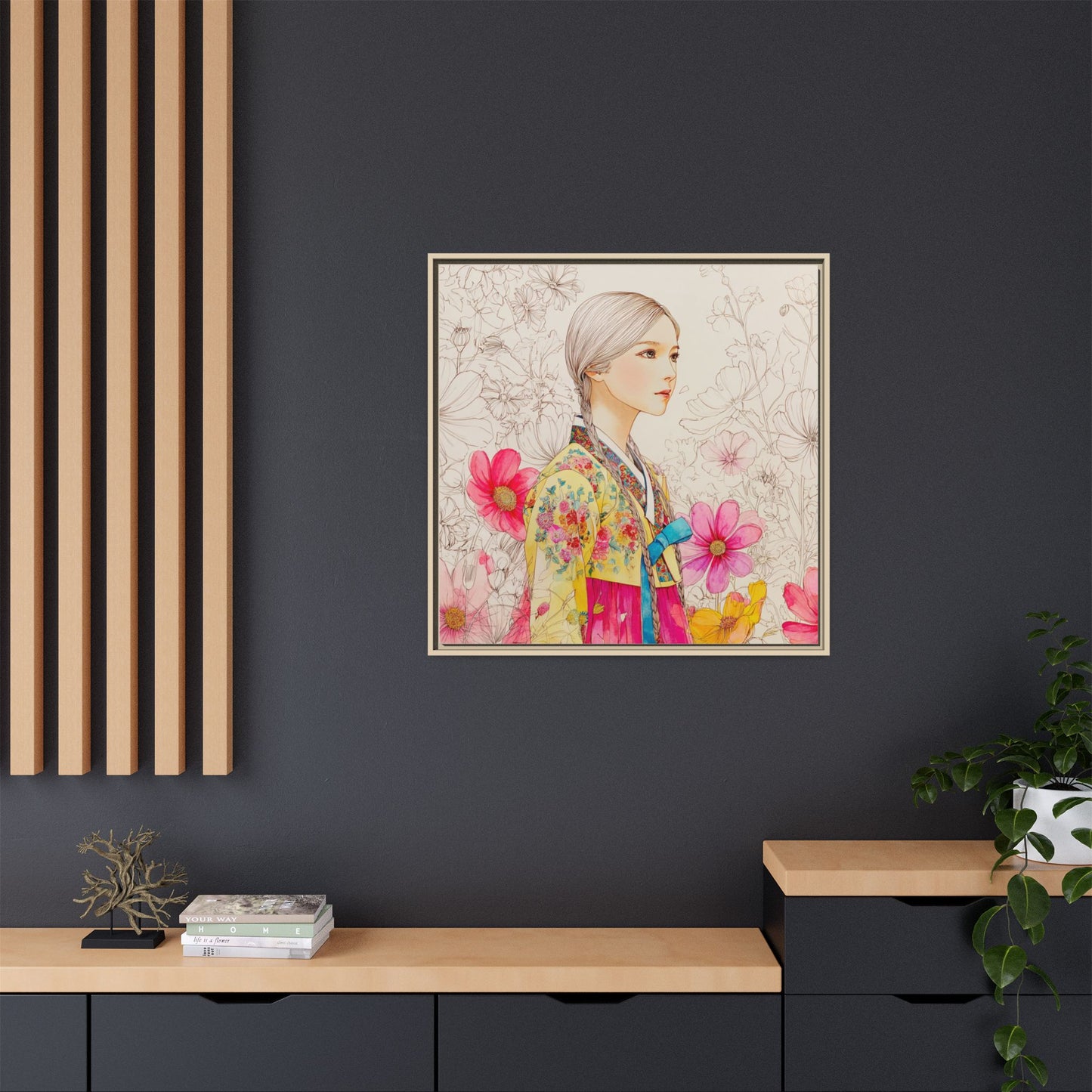 Framed Matte Canvas: Korean Hanbok Girl Floral Portrait