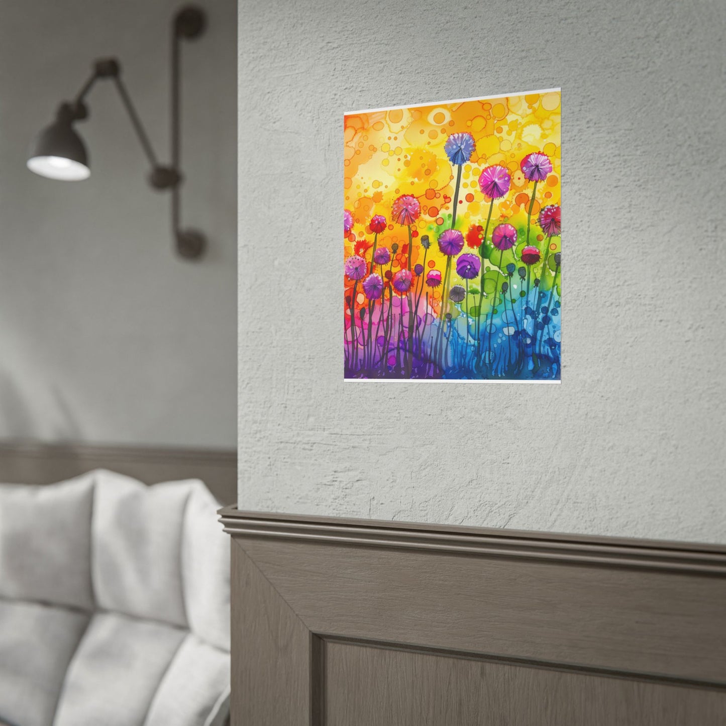 Colorful Floral Watercolor Poster — Rainbow Dandelion Garden Rolled Print