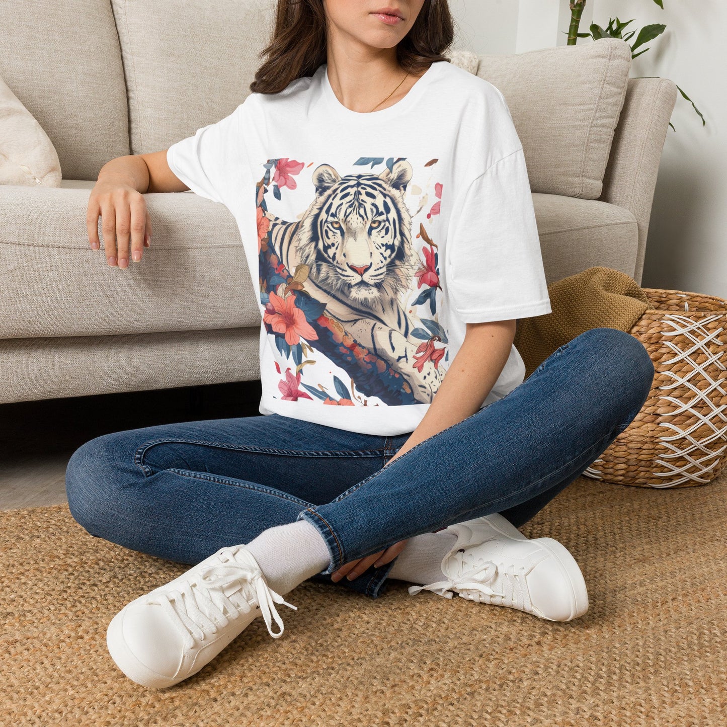 Tiger Floral T-Shirt — White Tiger & Blossom Graphic Tee