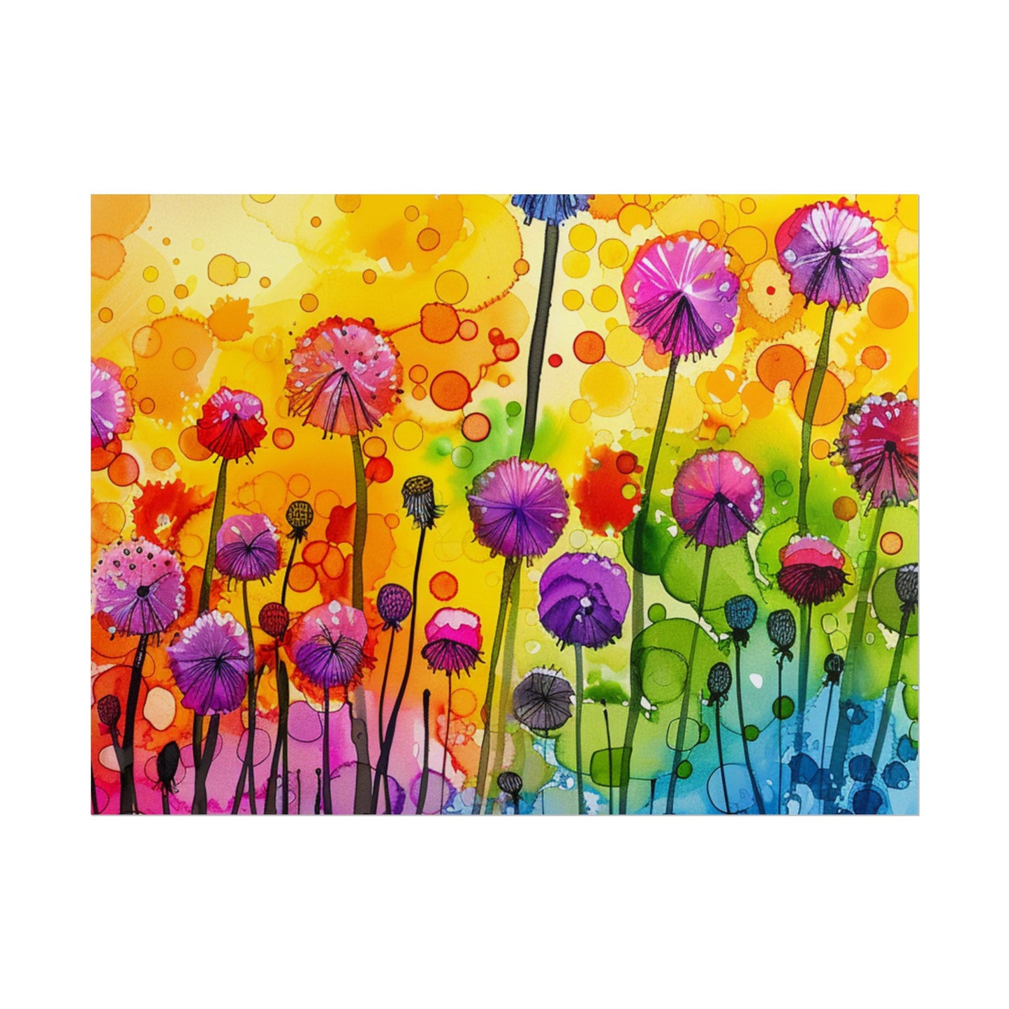 Colorful Floral Watercolor Poster — Rainbow Dandelion Garden Rolled Print