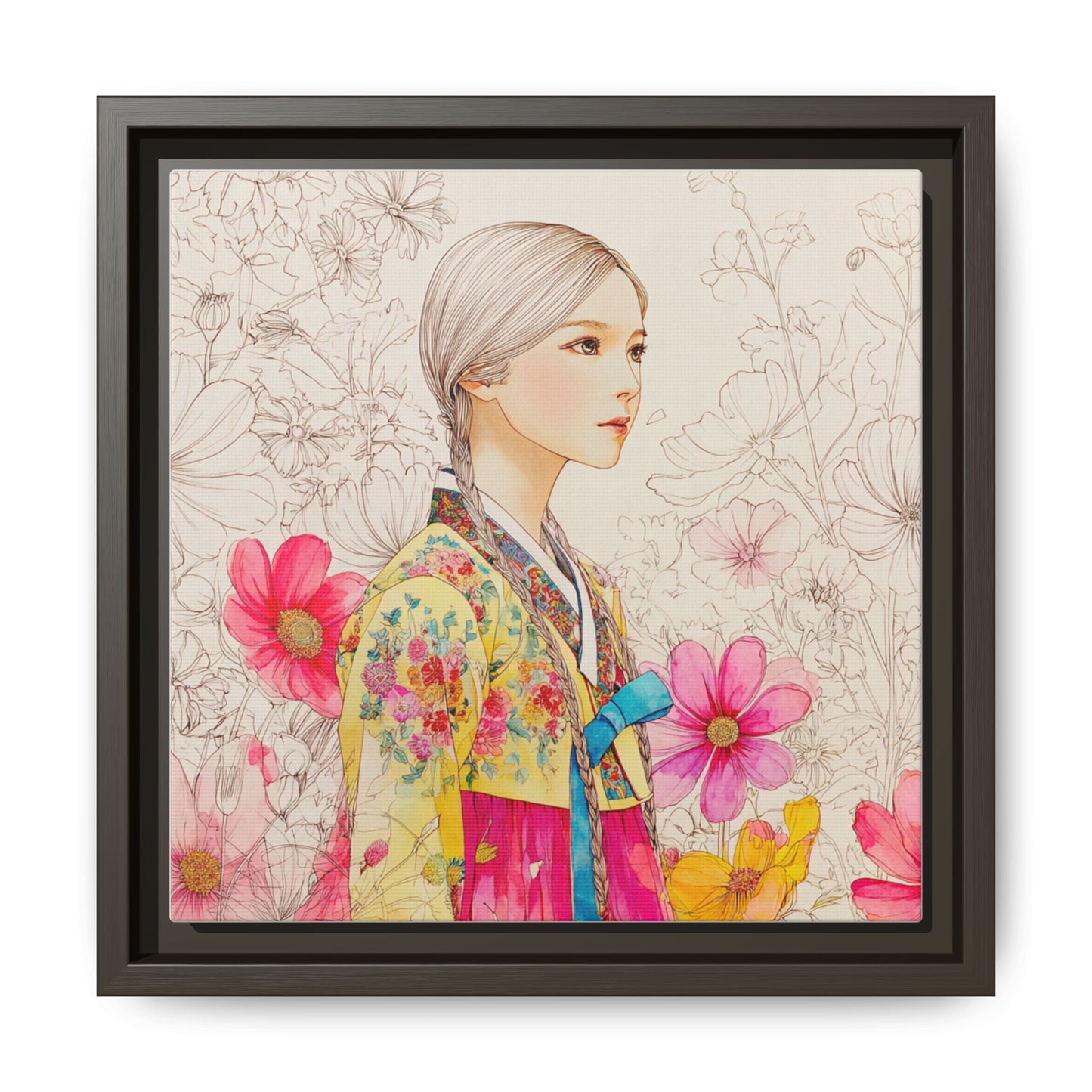 Framed Matte Canvas: Korean Hanbok Girl Floral Portrait