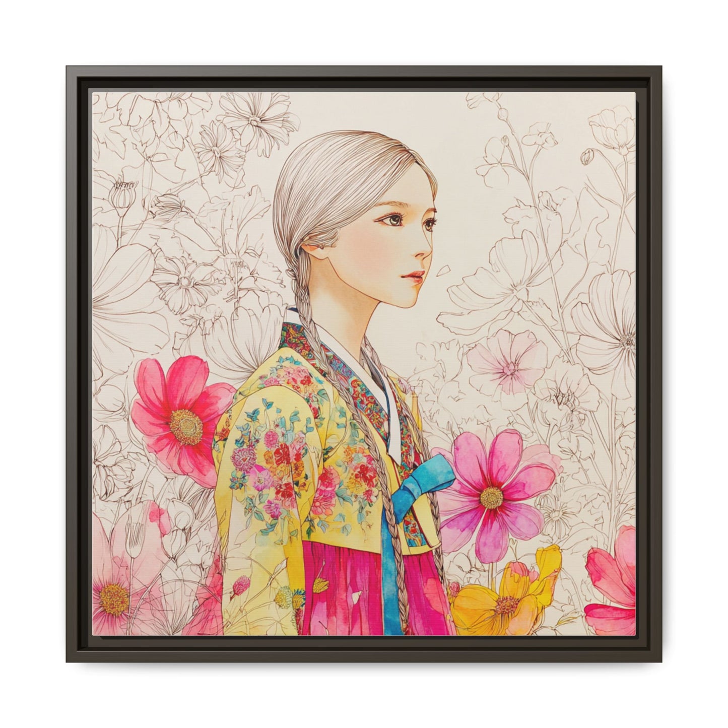 Framed Matte Canvas: Korean Hanbok Girl Floral Portrait