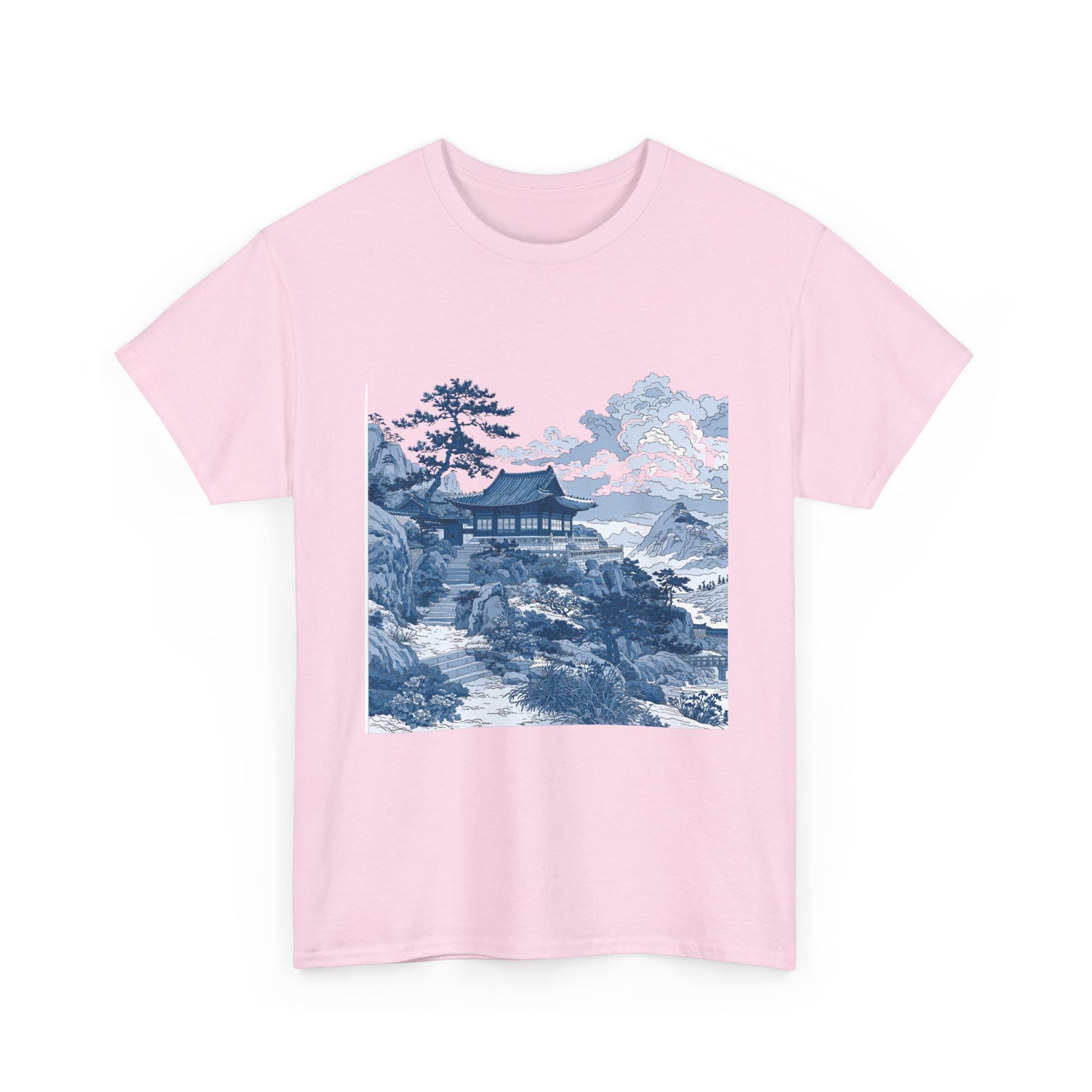 Blue Asian Landscape Tee — Vintage Temple Mountain Scenery T-Shirt