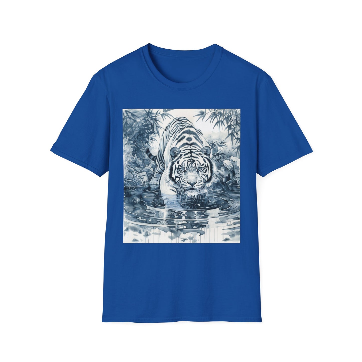 White T‑Shirt with Blue Watercolor Tiger Print — Gentle Jungle Graphic Tee