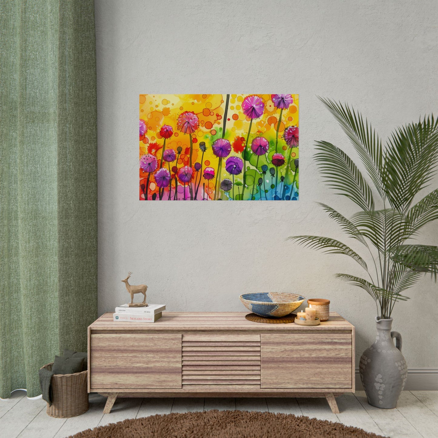 Colorful Floral Watercolor Poster — Rainbow Dandelion Garden Rolled Print