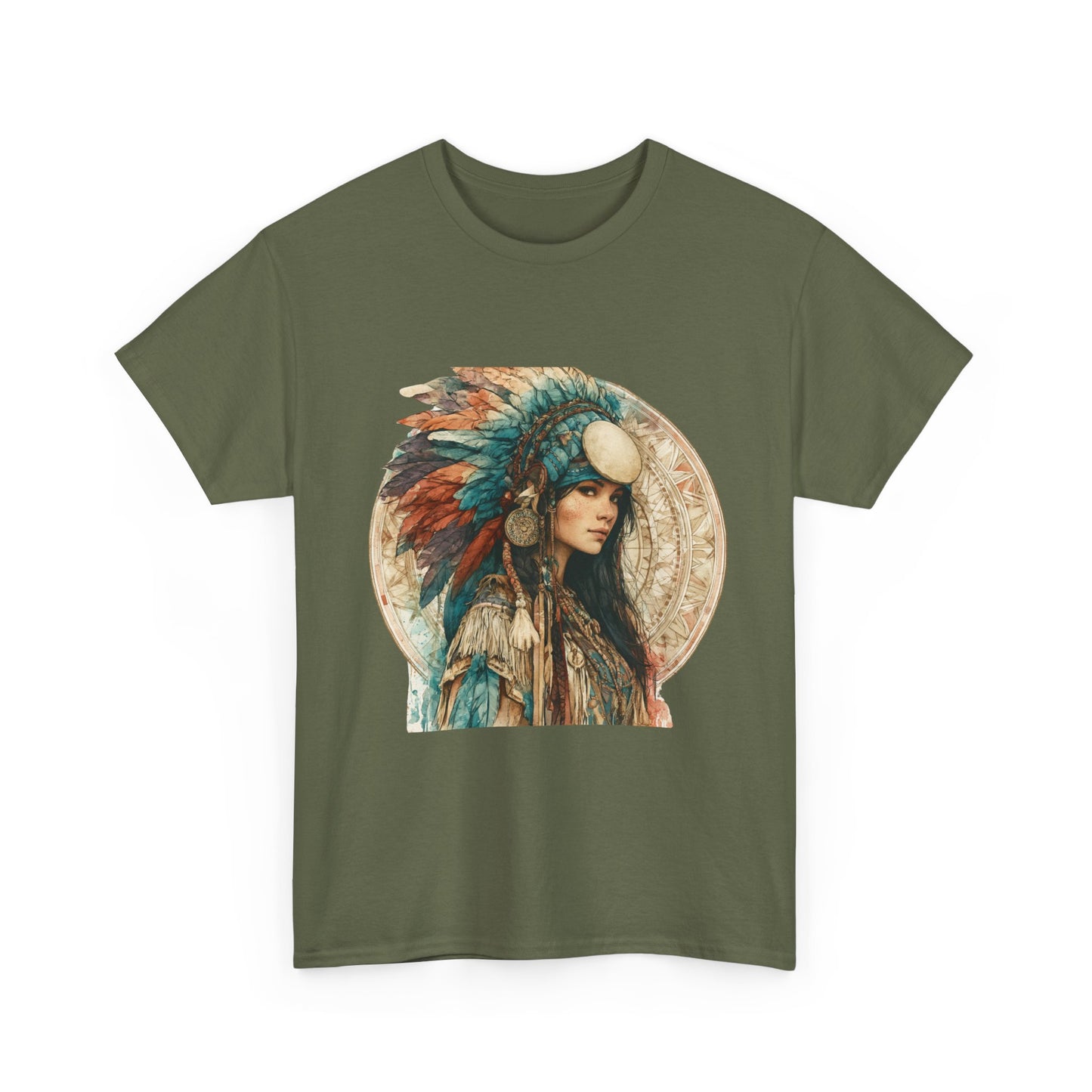 Native Headdress Portrait T‑Shirt — Boho Feather Art Tee