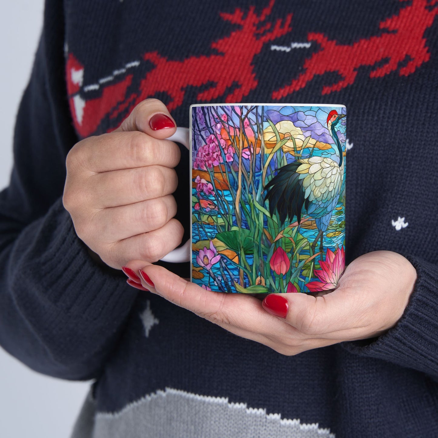 Stained Glass Cranes Ceramic Mug — Floral Lotus Tea Cup (11oz & 15oz)