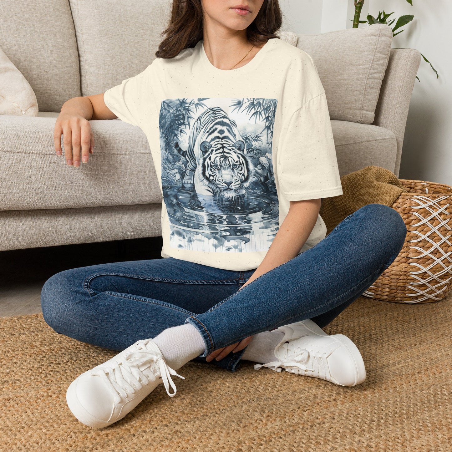 White T‑Shirt with Blue Watercolor Tiger Print — Gentle Jungle Graphic Tee